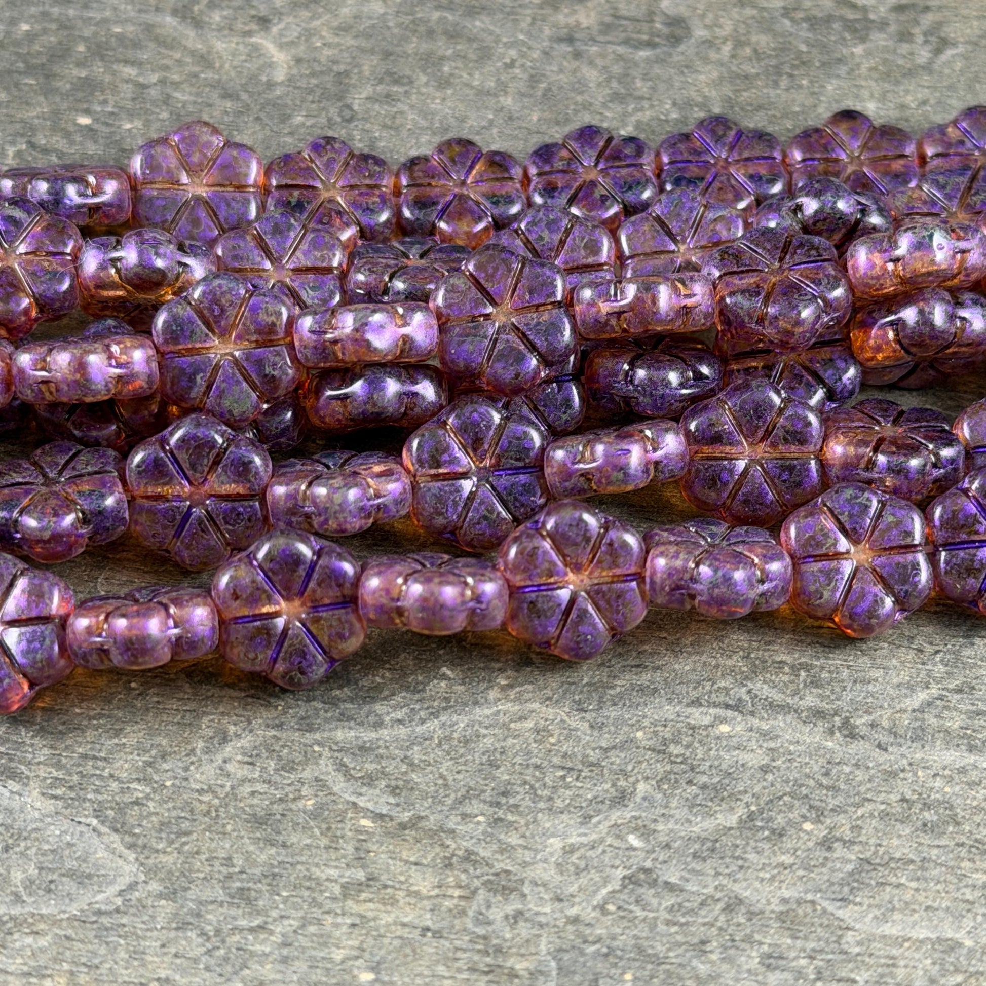 Czech Glass Beads - 10mm Flower Coin, Topaz Picasso with Purple Wash (PFMN-8) * 15 Beads