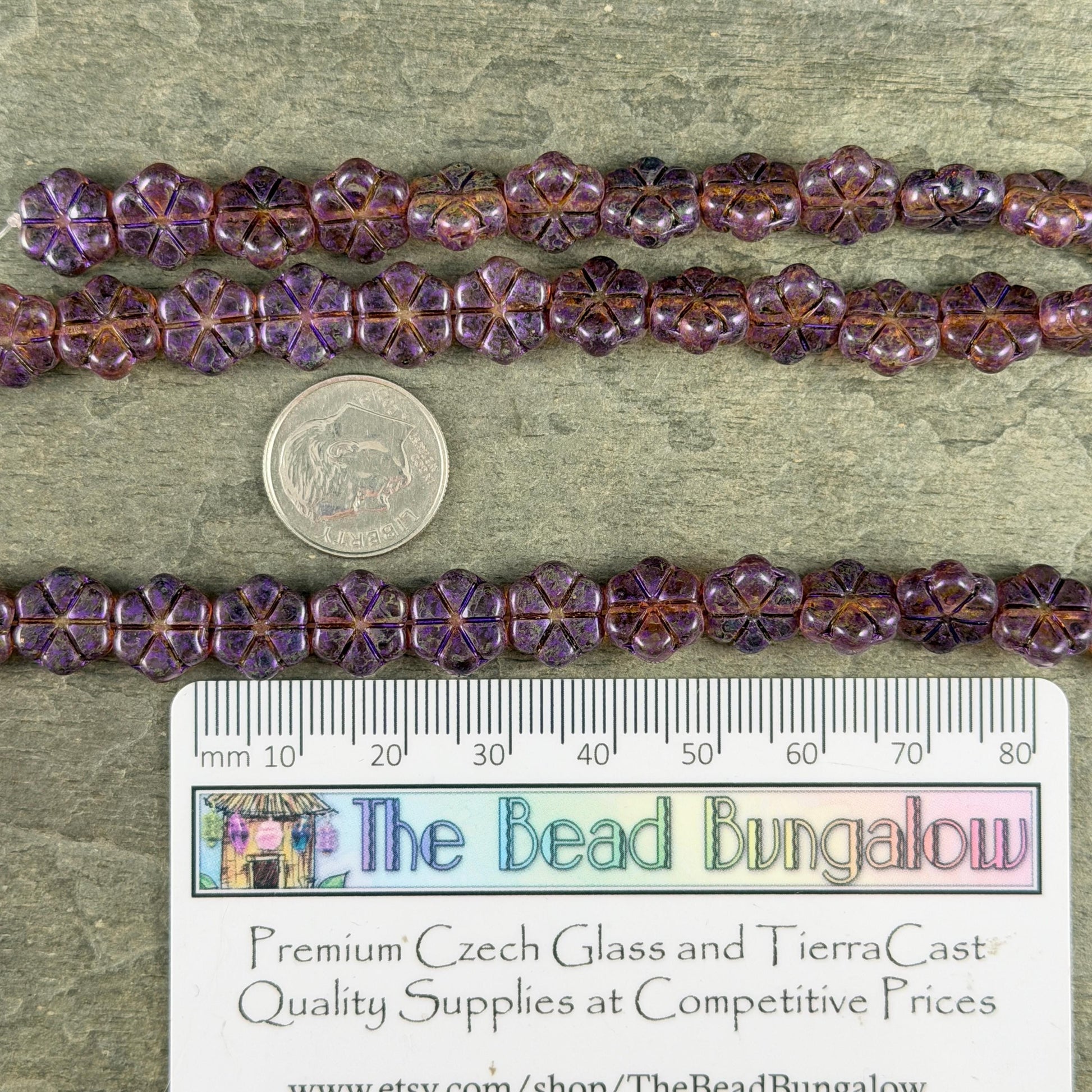 Czech Glass Beads - 10mm Flower Coin, Topaz Picasso with Purple Wash (PFMN-8) * 15 Beads