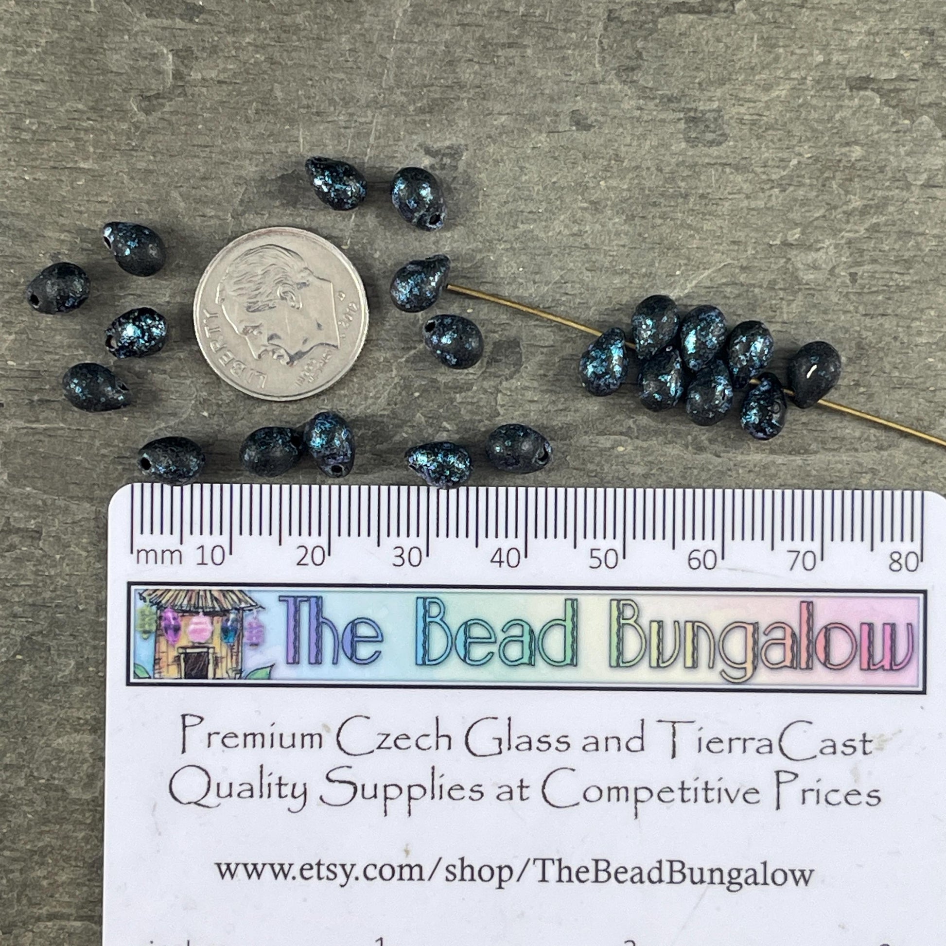 Czech Glass Beads - 7x5mm Briolette Tear Drop, Black with Metallic Blue Wash (DRO/N-0235) * 50 Beads