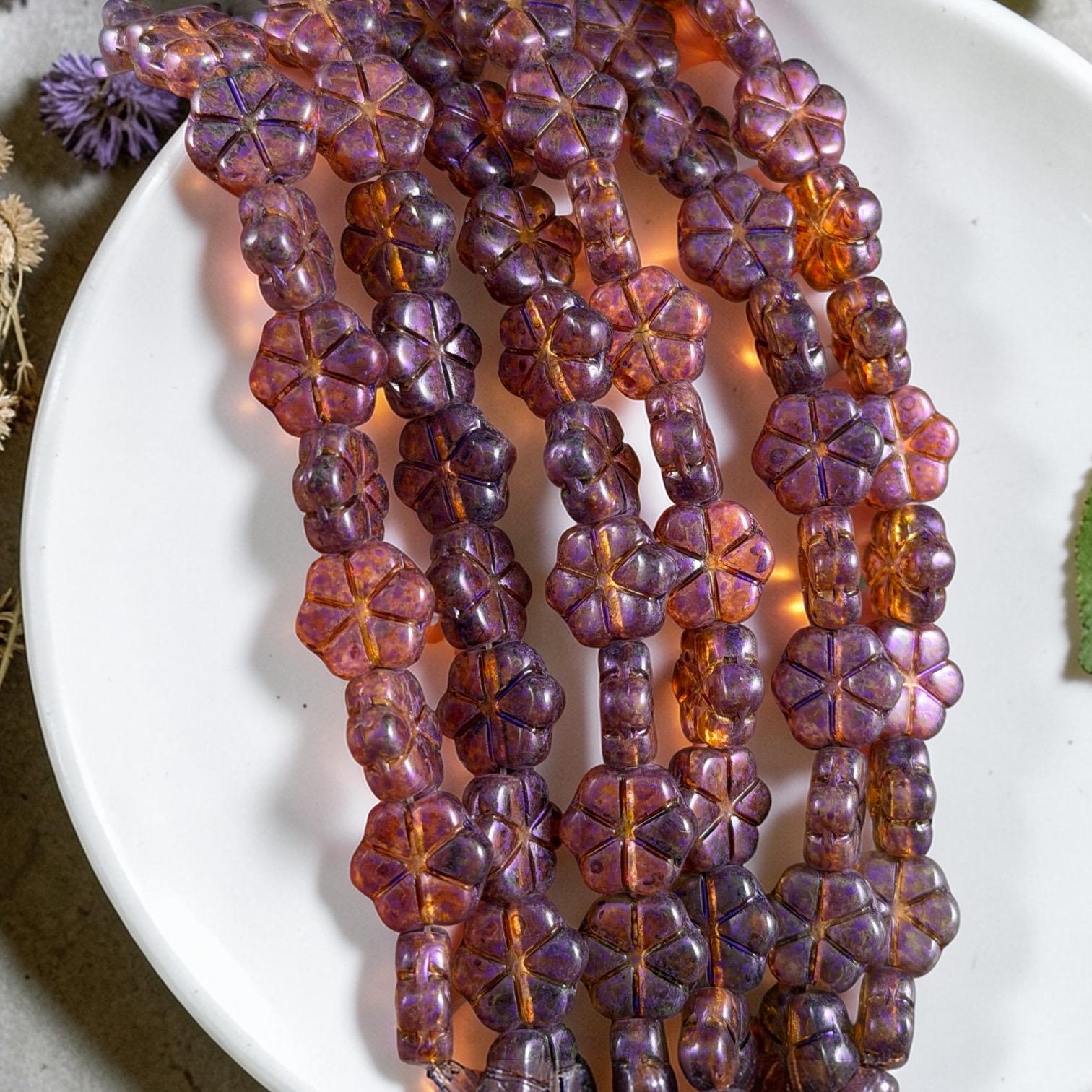 Czech Glass Beads - 10mm Flower Coin, Topaz Picasso with Purple Wash (PFMN-8) * 15 Beads