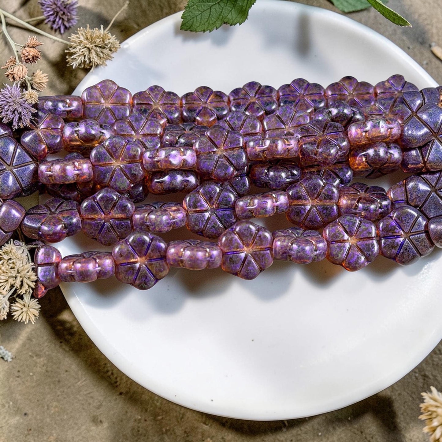 Czech Glass Beads - 10mm Flower Coin, Topaz Picasso with Purple Wash (PFMN-8) * 15 Beads