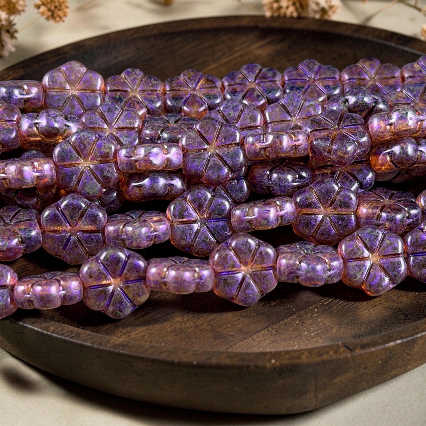 Czech Glass Beads - 10mm Flower Coin, Topaz Picasso with Purple Wash (PFMN-8) * 15 Beads