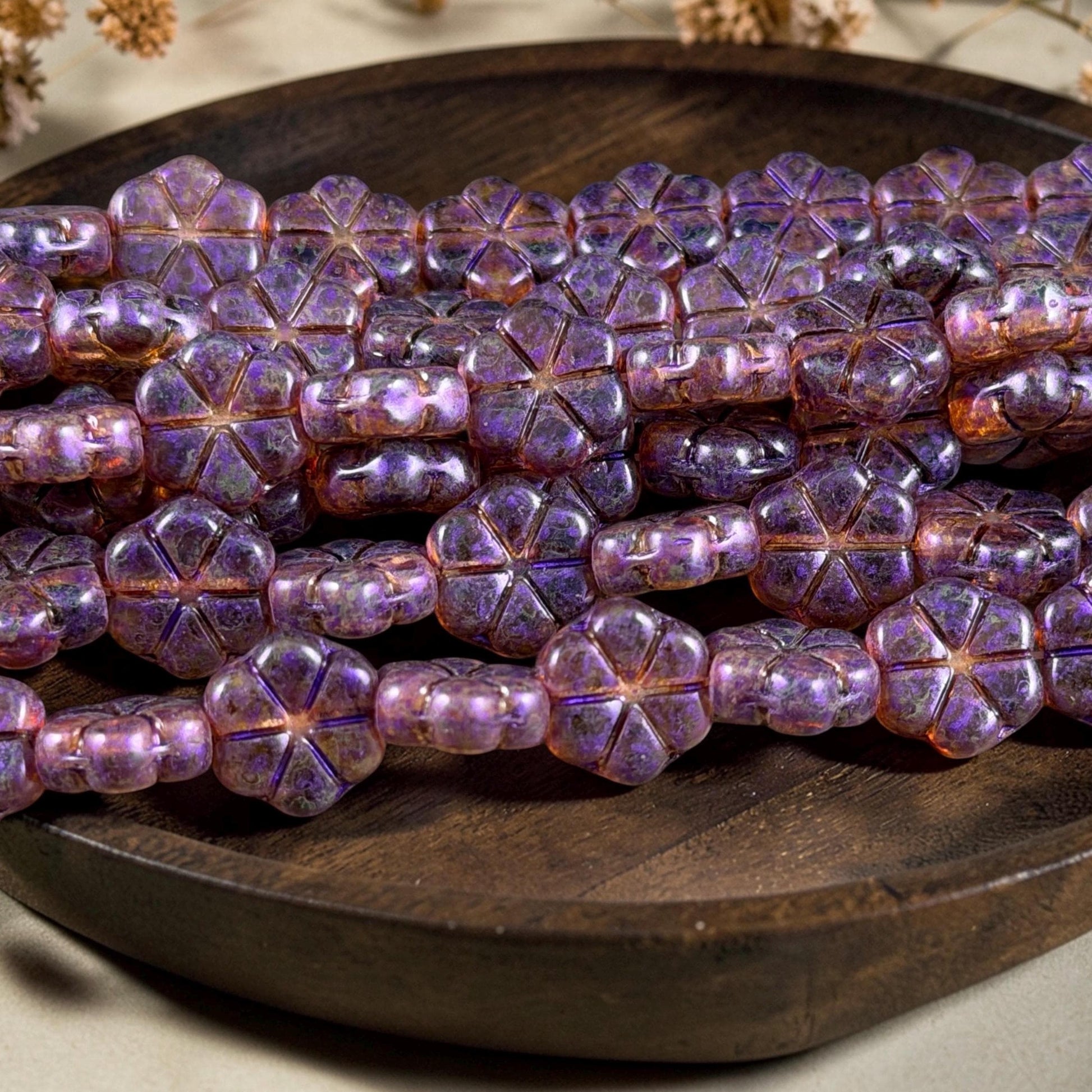 Czech Glass Beads - 10mm Flower Coin, Topaz Picasso with Purple Wash (PFMN-8) * 15 Beads