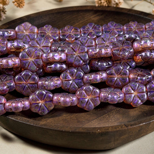 Czech Glass Beads - 10mm Flower Coin, Topaz Picasso with Purple Wash (PFMN-8) * 15 Beads
