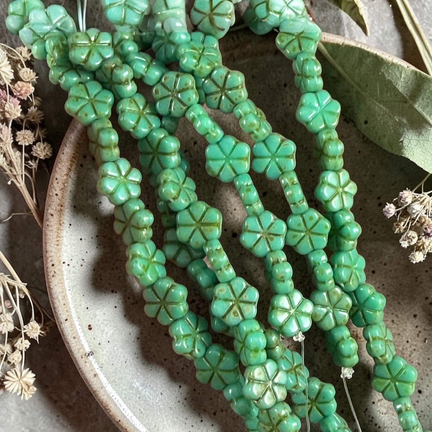 Czech Glass Beads - 10mm Flower Coin, Turquoise Green Picasso (PFMN-4) * 15 Beads