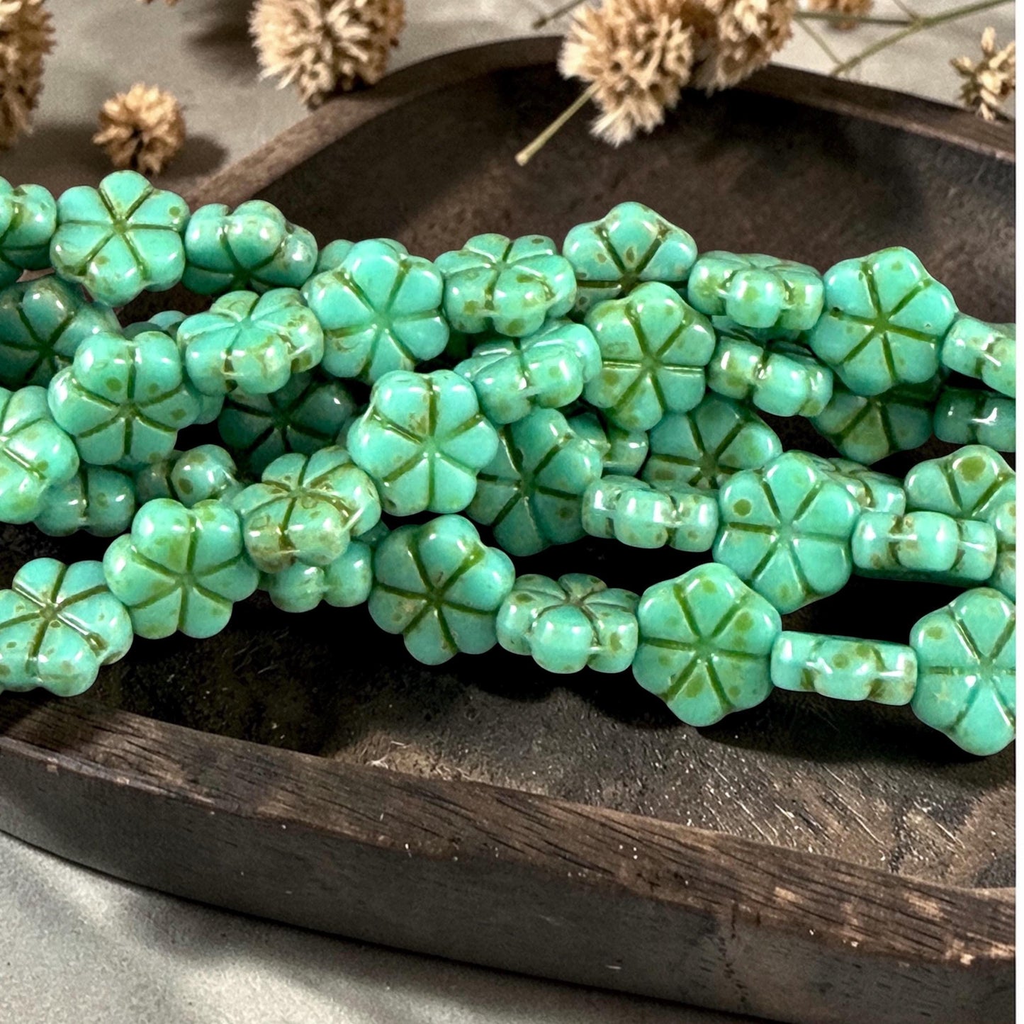 Czech Glass Beads - 10mm Flower Coin, Turquoise Green Picasso (PFMN-4) * 15 Beads