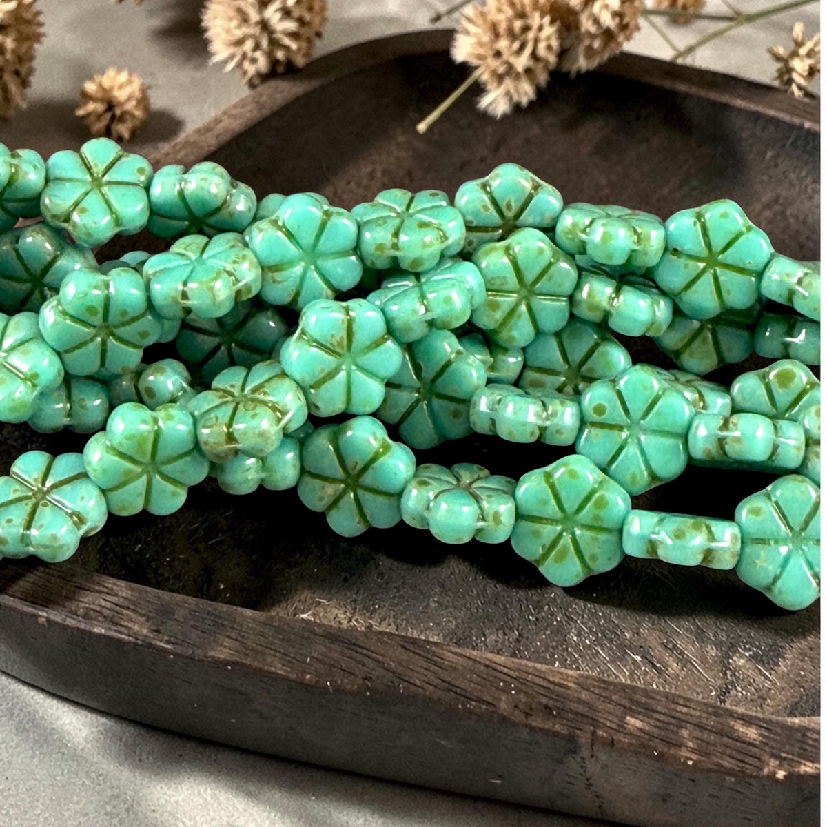 Czech Glass Beads - 10mm Flower Coin, Turquoise Green Picasso (PFMN-4) * 15 Beads