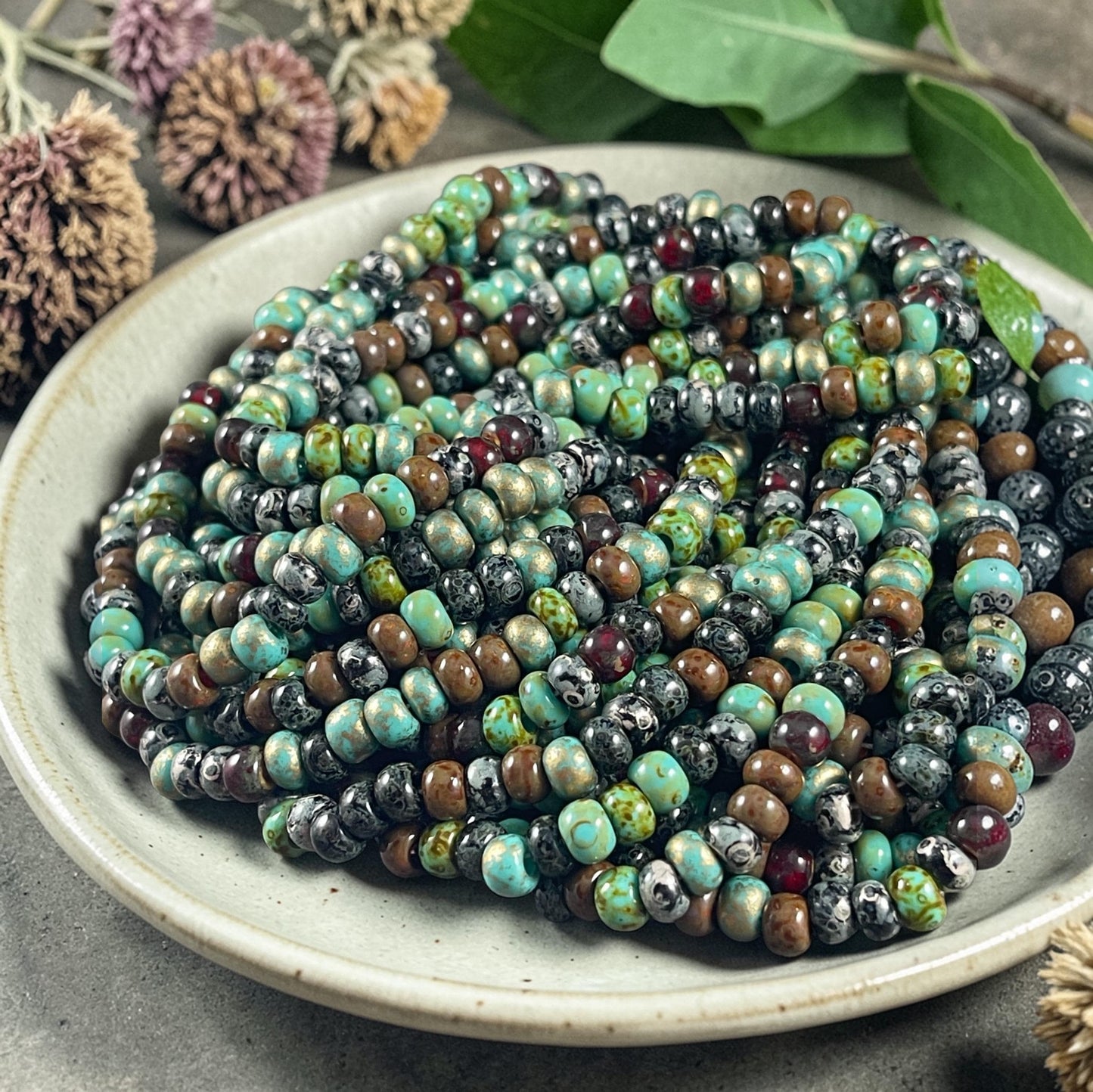 Aged Picasso Seed Beads - 2/0 Czech Glass, Turquoise and Black Metallic Picasso Mix (2/0-Jeweled Wasp) * 20" Strand