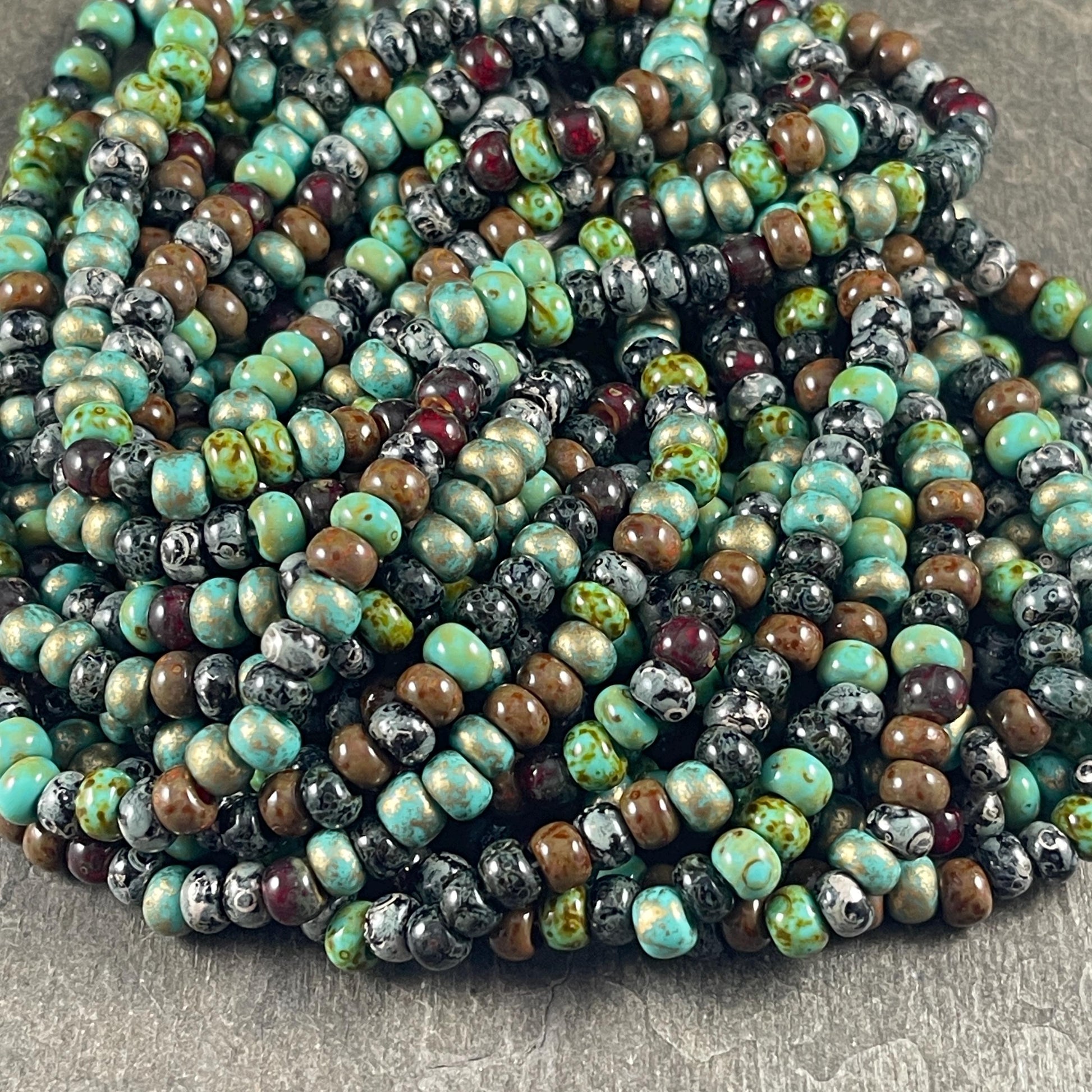Aged Picasso Seed Beads - 2/0 Czech Glass, Turquoise and Black Metallic Picasso Mix (2/0-Jeweled Wasp) * 20" Strand