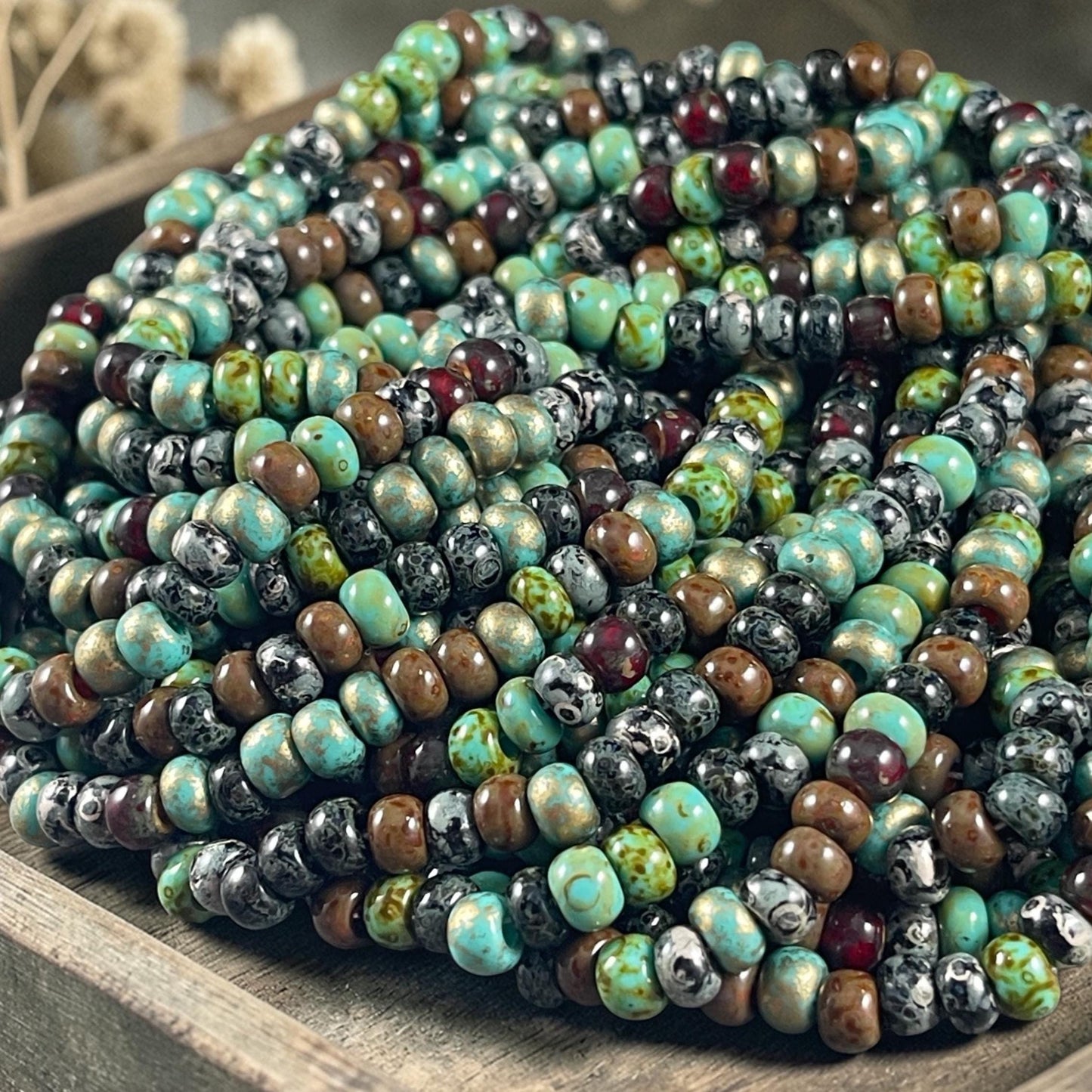 Aged Picasso Seed Beads - 2/0 Czech Glass, Turquoise and Black Metallic Picasso Mix (2/0-Jeweled Wasp) * 20" Strand