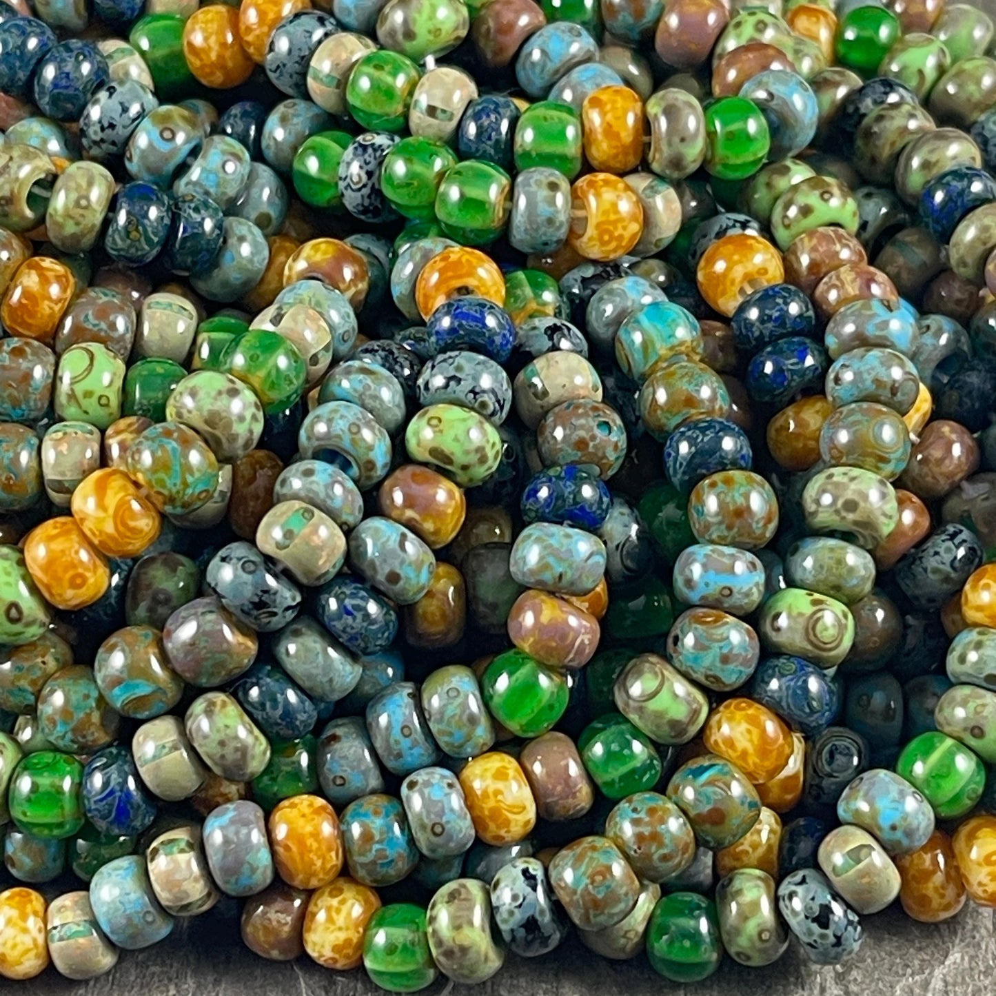 Aged Picasso Beads, 2/0 Czech Glass, Blue, Beige, Green and Black Picasso Bead Mix (2/0-Medusa) * 19" Strand