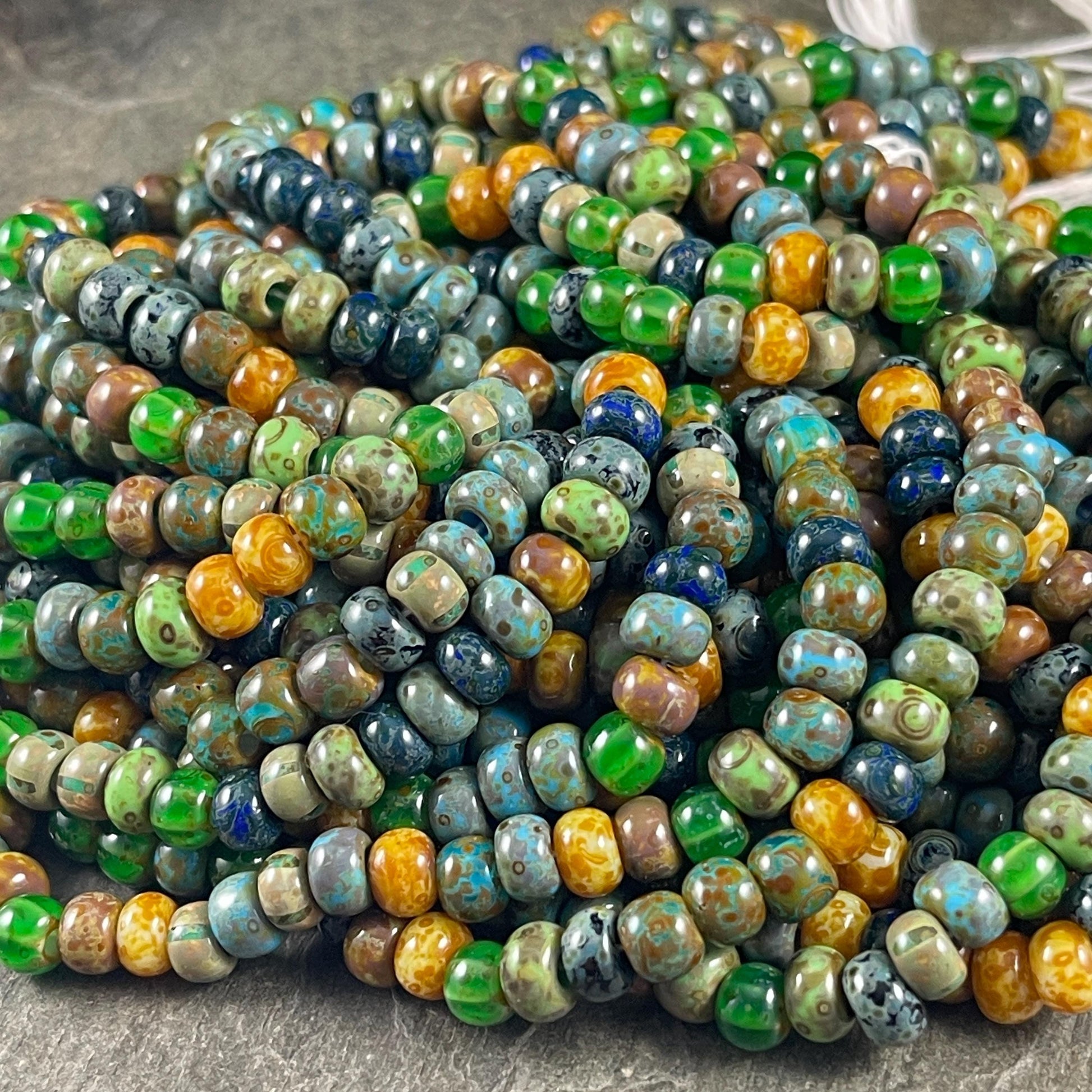 Aged Picasso Beads, 2/0 Czech Glass, Blue, Beige, Green and Black Picasso Bead Mix (2/0-Medusa) * 19" Strand