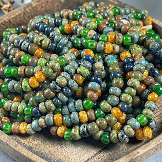 Aged Picasso Beads, 2/0 Czech Glass, Blue, Beige, Green and Black Picasso Bead Mix (2/0-Medusa) * 19" Strand