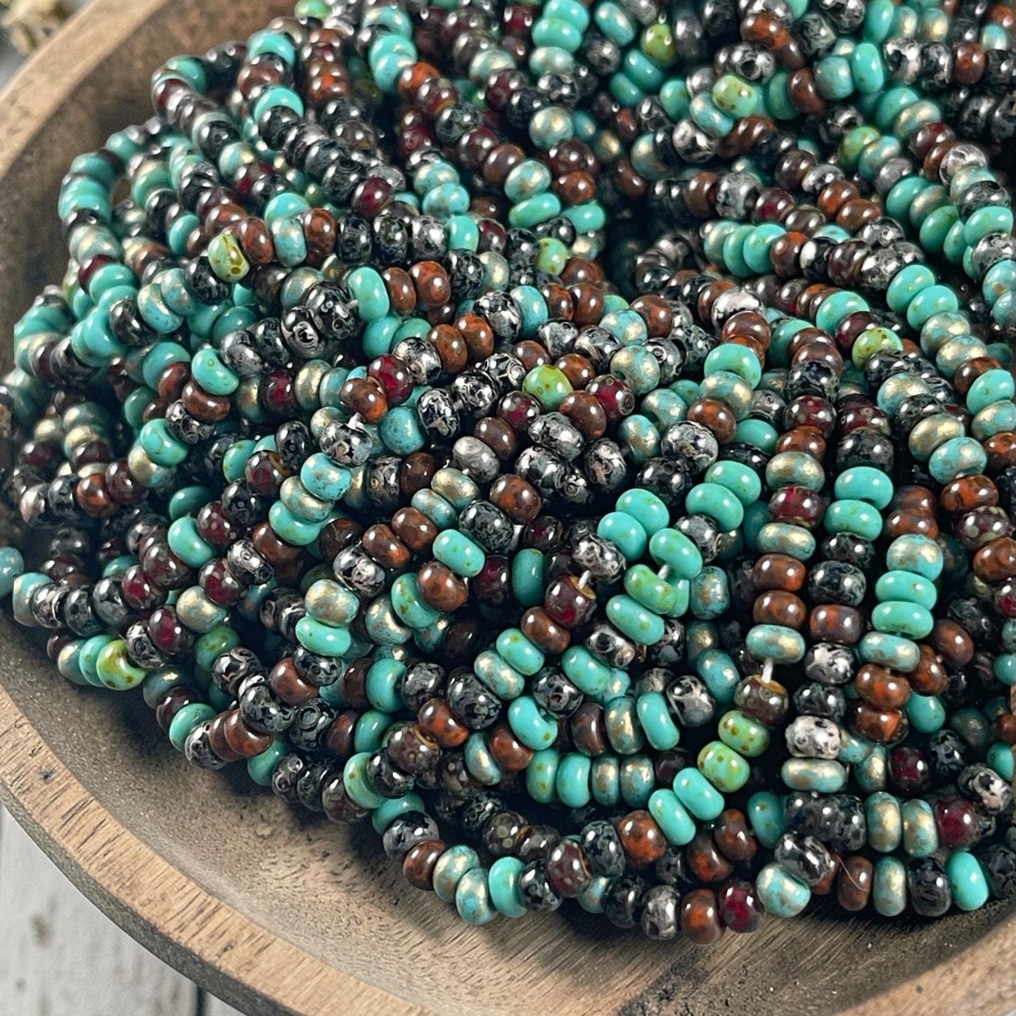 Aged Picasso Beads - 4mm Czech Glass Turquoise and Black Metallic Turquoise Mix (6/0-Jeweled) * 20" strand