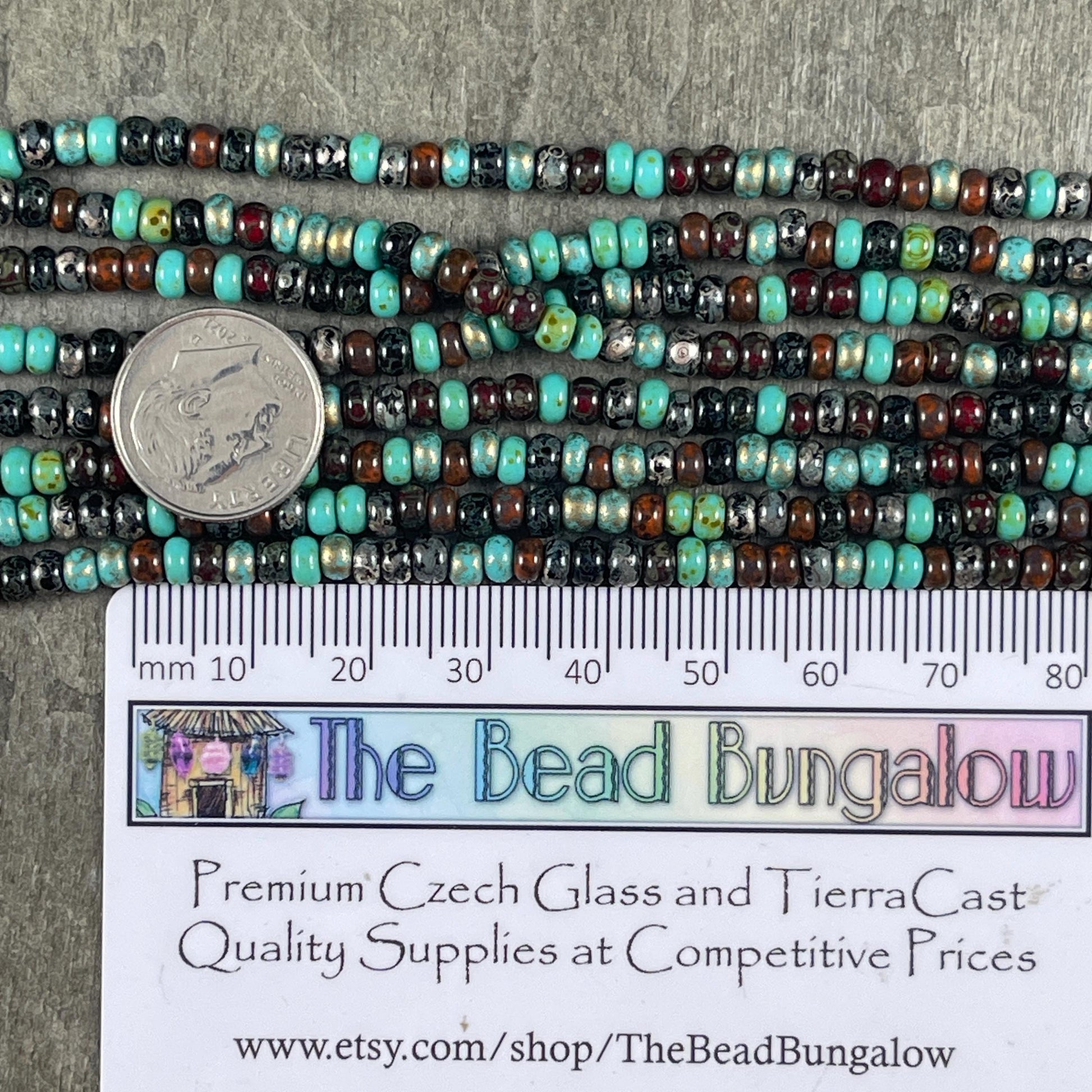 Aged Picasso Beads - 4mm Czech Glass Turquoise and Black Metallic Turquoise Mix (6/0-Jeweled) * 20" strand