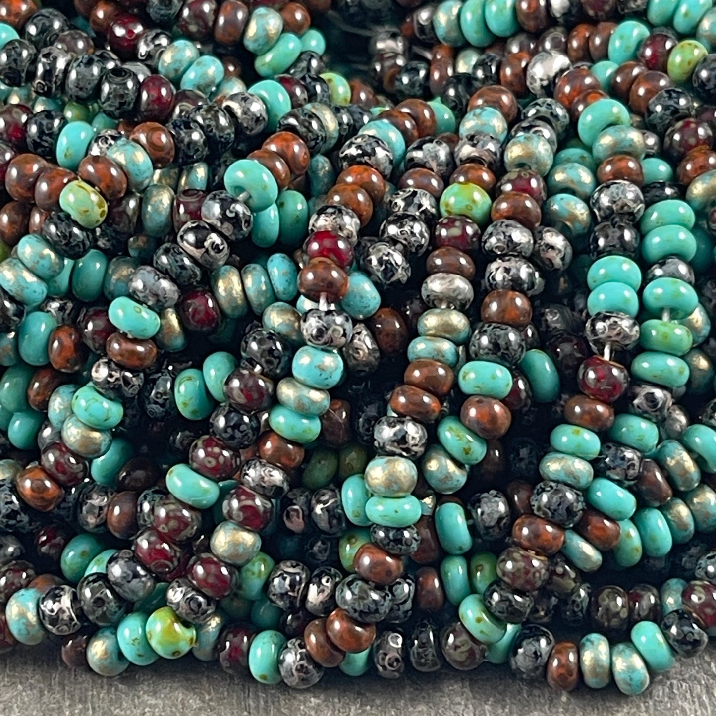 Aged Picasso Beads - 4mm Czech Glass Turquoise and Black Metallic Turquoise Mix (6/0-Jeweled) * 20" strand