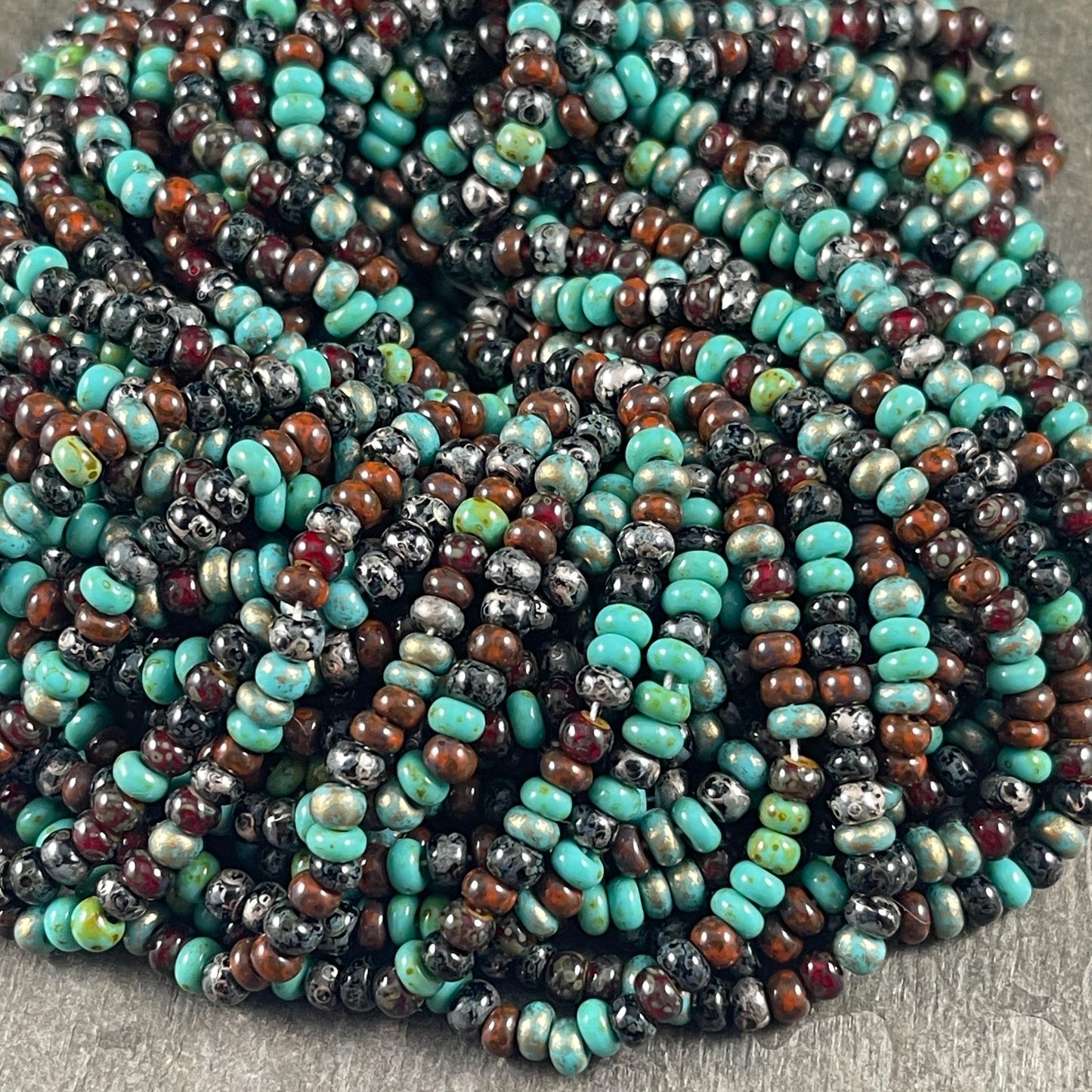 Aged Picasso Beads - 4mm Czech Glass Turquoise and Black Metallic Turquoise Mix (6/0-Jeweled) * 20" strand