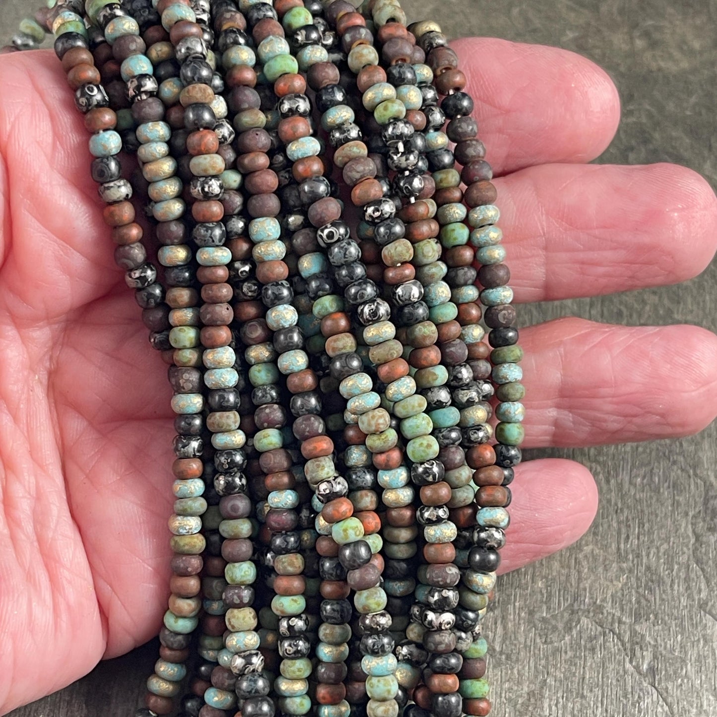 Aged Picasso Beads - 4mm Czech Glass Turquoise and Black Metallic Turquoise Mix (6/0-JeweledMATTE) * 20" strand