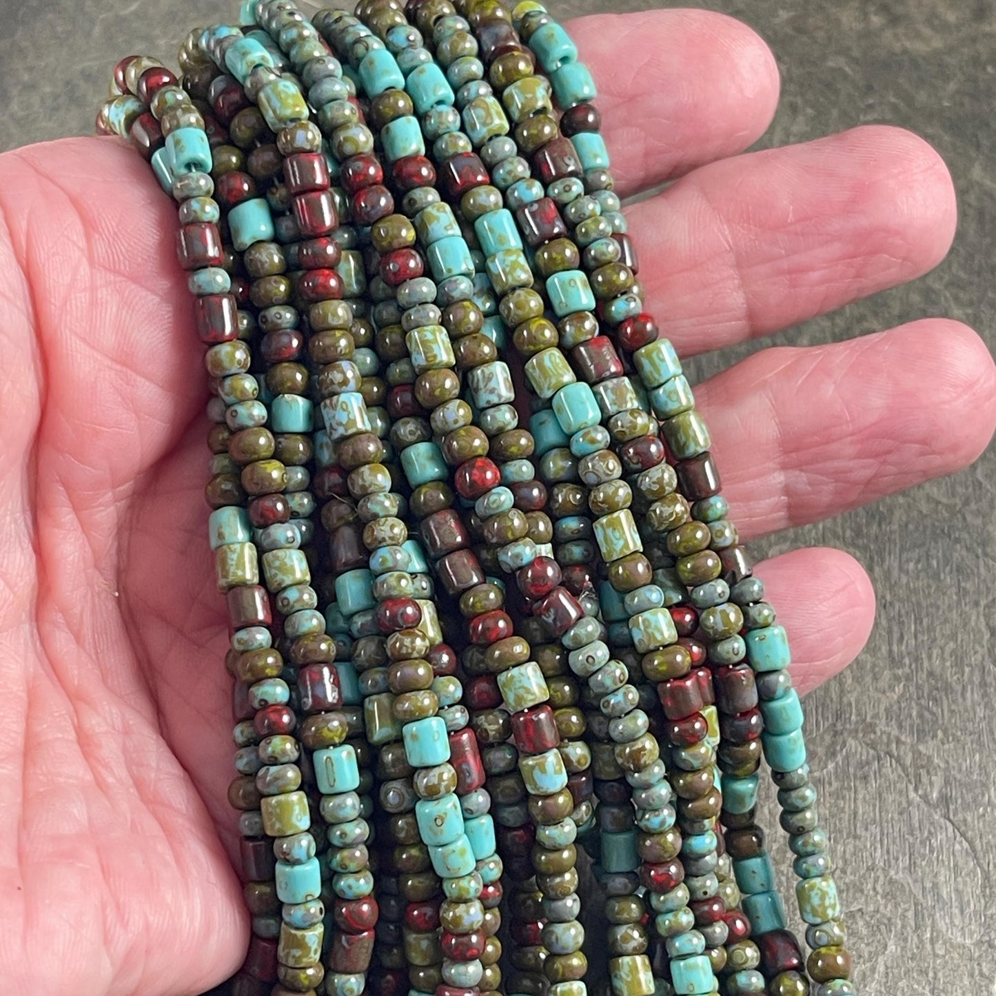Aged Picasso Beads - 6/0 Czech Glass Mix with Tubes, Olive Green, Turquoise blue and Brick Red Picasso (6/0-DruidBugle) * 20" strand