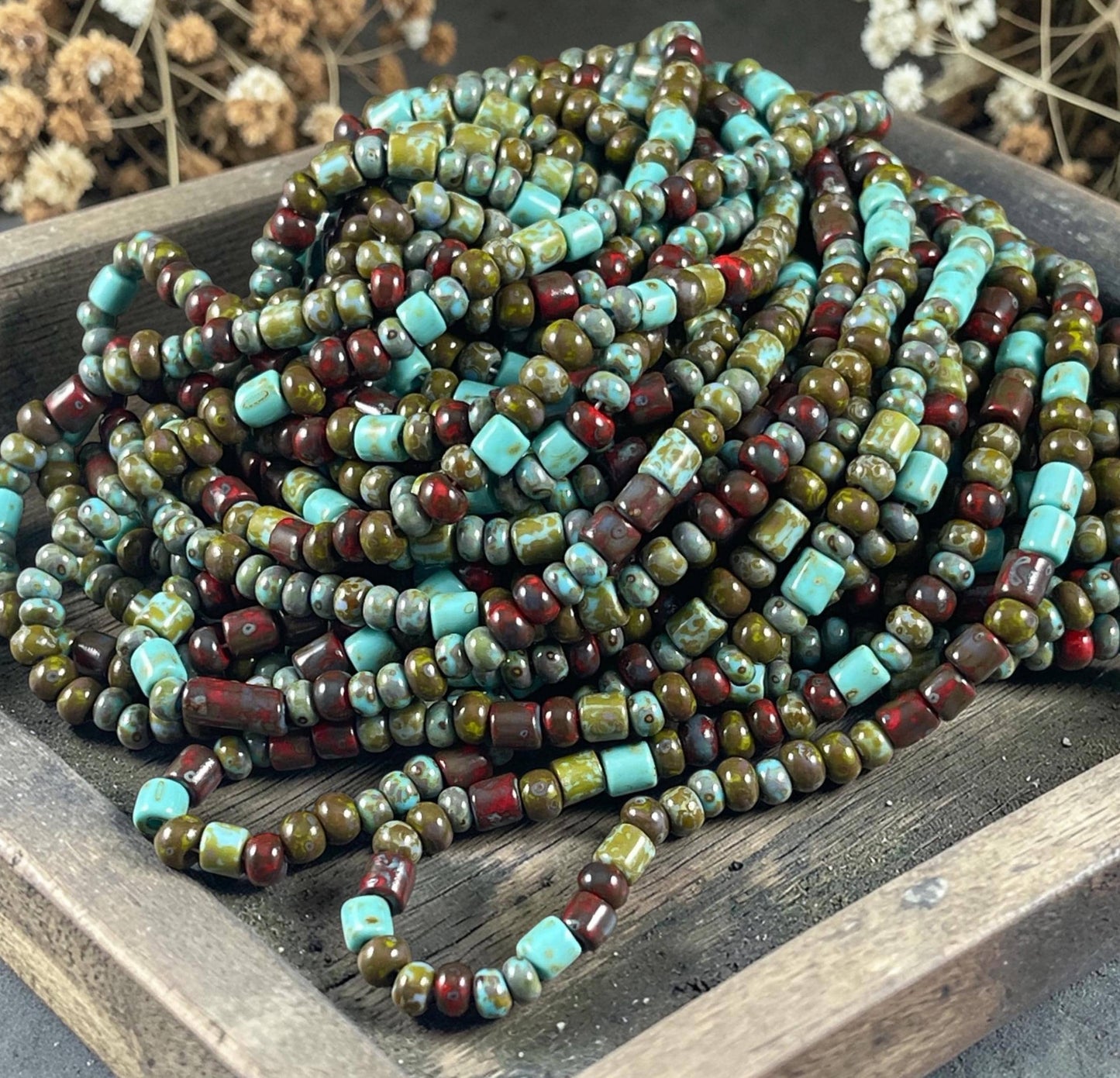 Aged Picasso Beads - 6/0 Czech Glass Mix with Tubes, Olive Green, Turquoise blue and Brick Red Picasso (6/0-DruidBugle) * 20" strand
