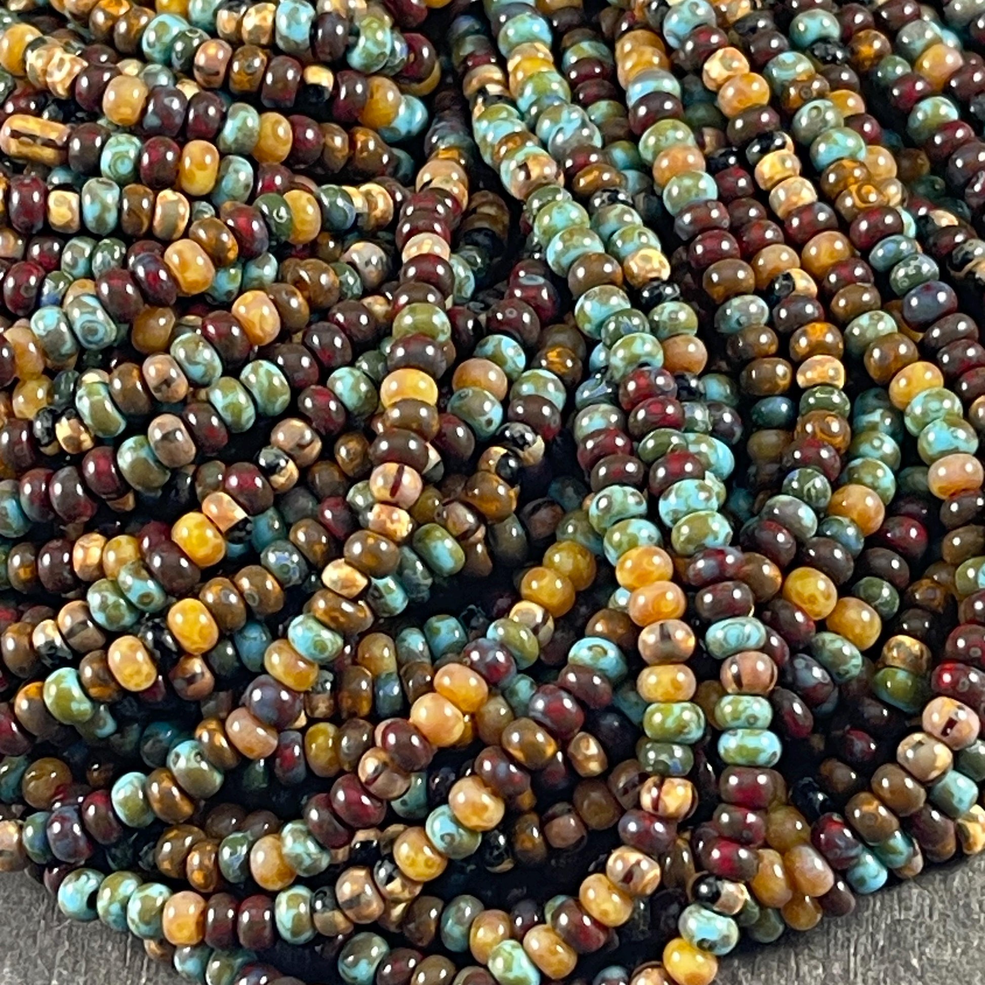 Aged Picasso Seed Beads - 3.5mm Czech Glass, Rustic Earth-tone Mix (7/0-Caribbean) * 20" Strand