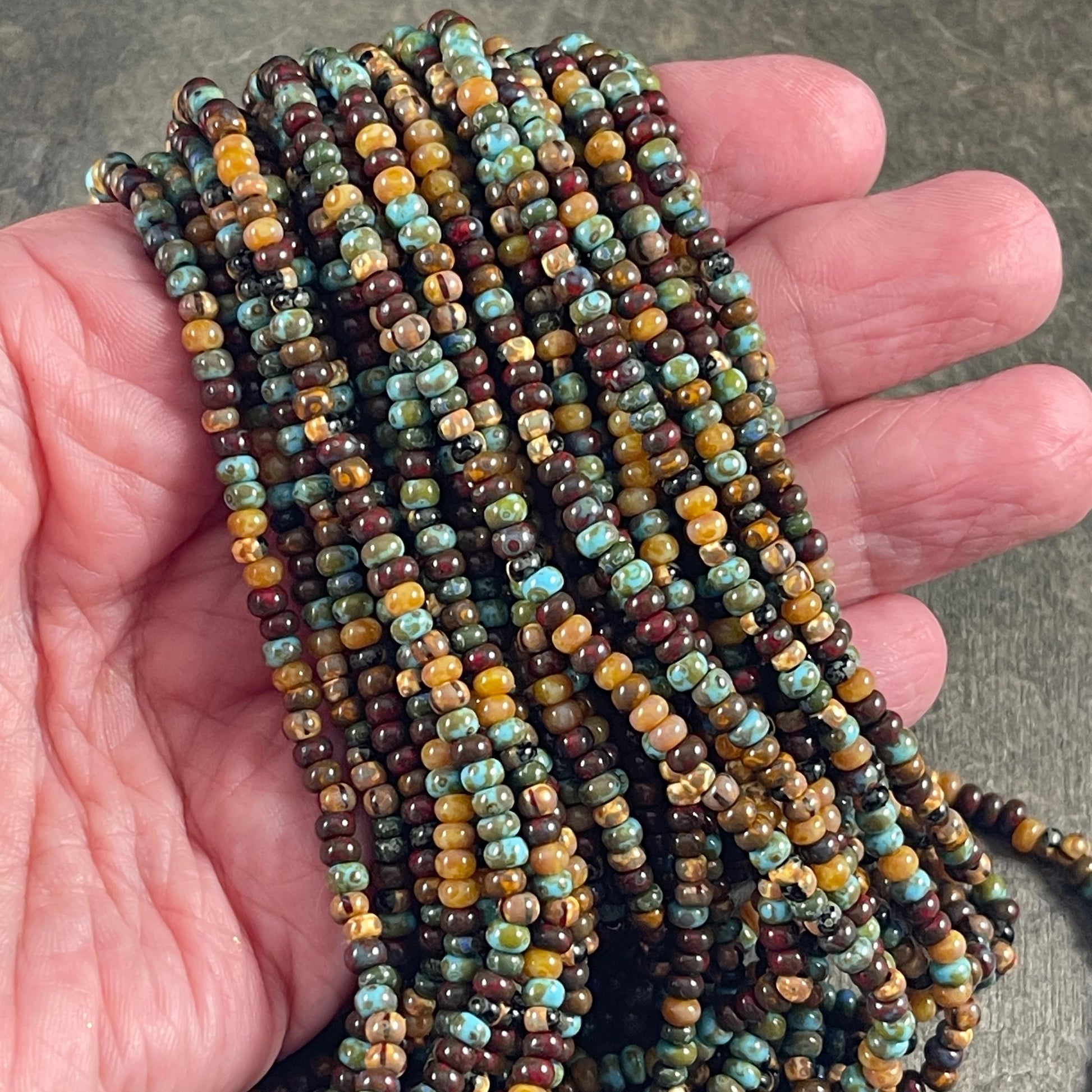 Aged Picasso Seed Beads - 3.5mm Czech Glass, Rustic Earth-tone Mix (7/0-Caribbean) * 20" Strand