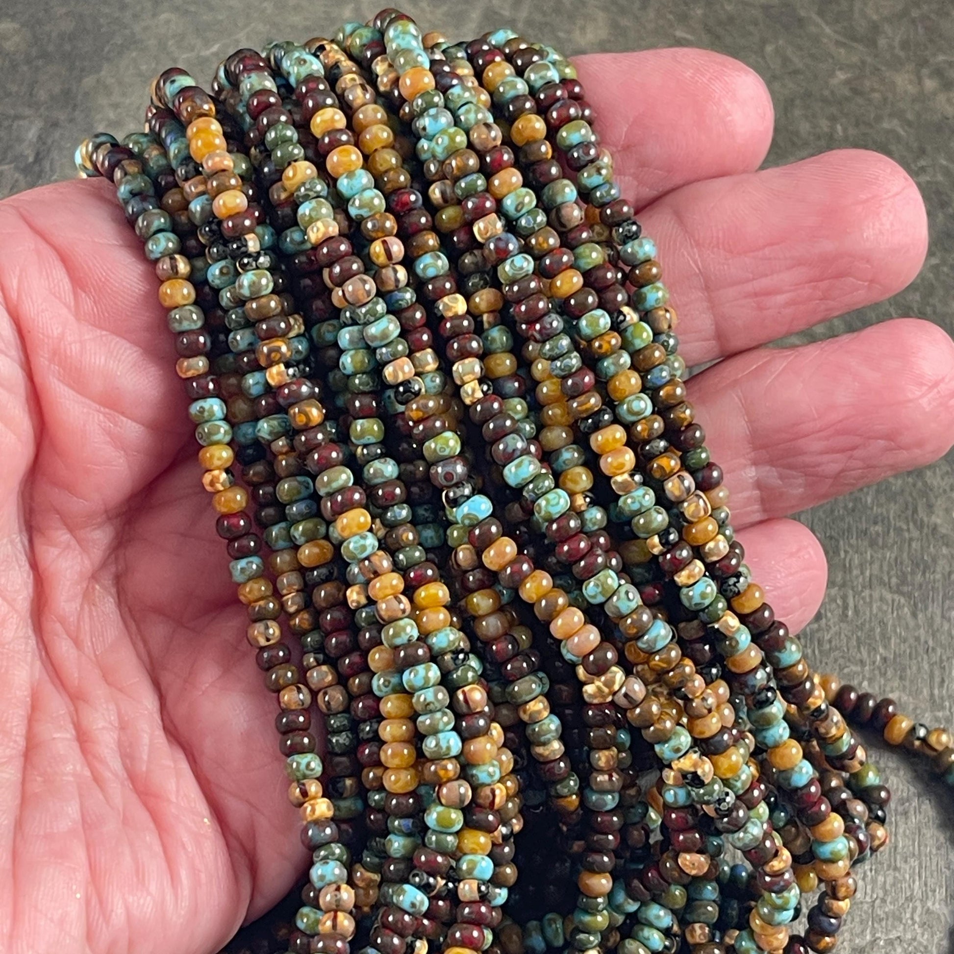Aged Picasso Seed Beads - 3.5mm Czech Glass, Rustic Earth-tone Mix (7/0-Caribbean) * 20" Strand