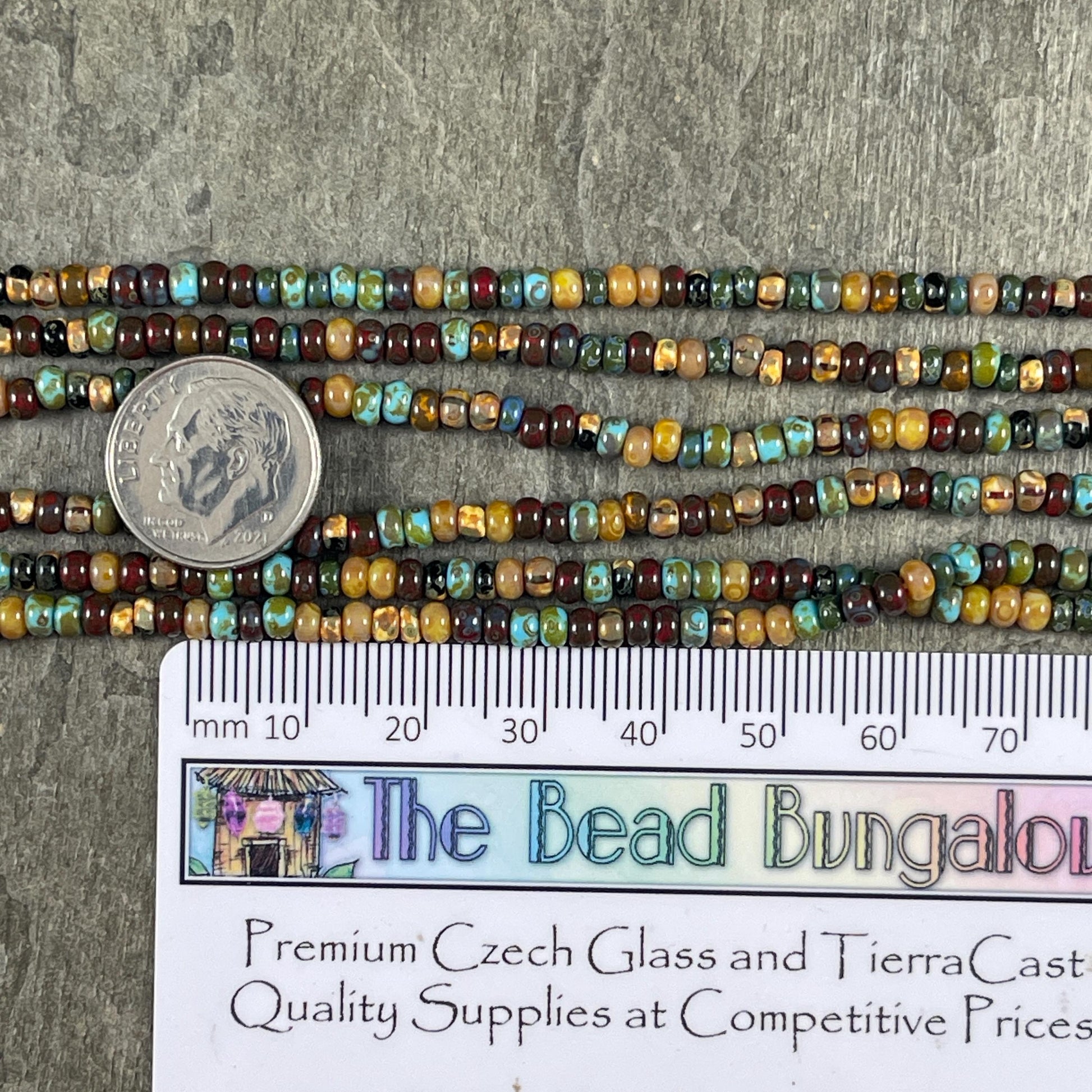 Aged Picasso Seed Beads - 3.5mm Czech Glass, Rustic Earth-tone Mix (7/0-Caribbean) * 20" Strand
