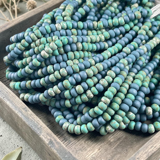 Aged Picasso Seed Beads - 4/0 Matte Denim and Turquoise Picasso Mix (4/0-BlueMatte) * 18" strand