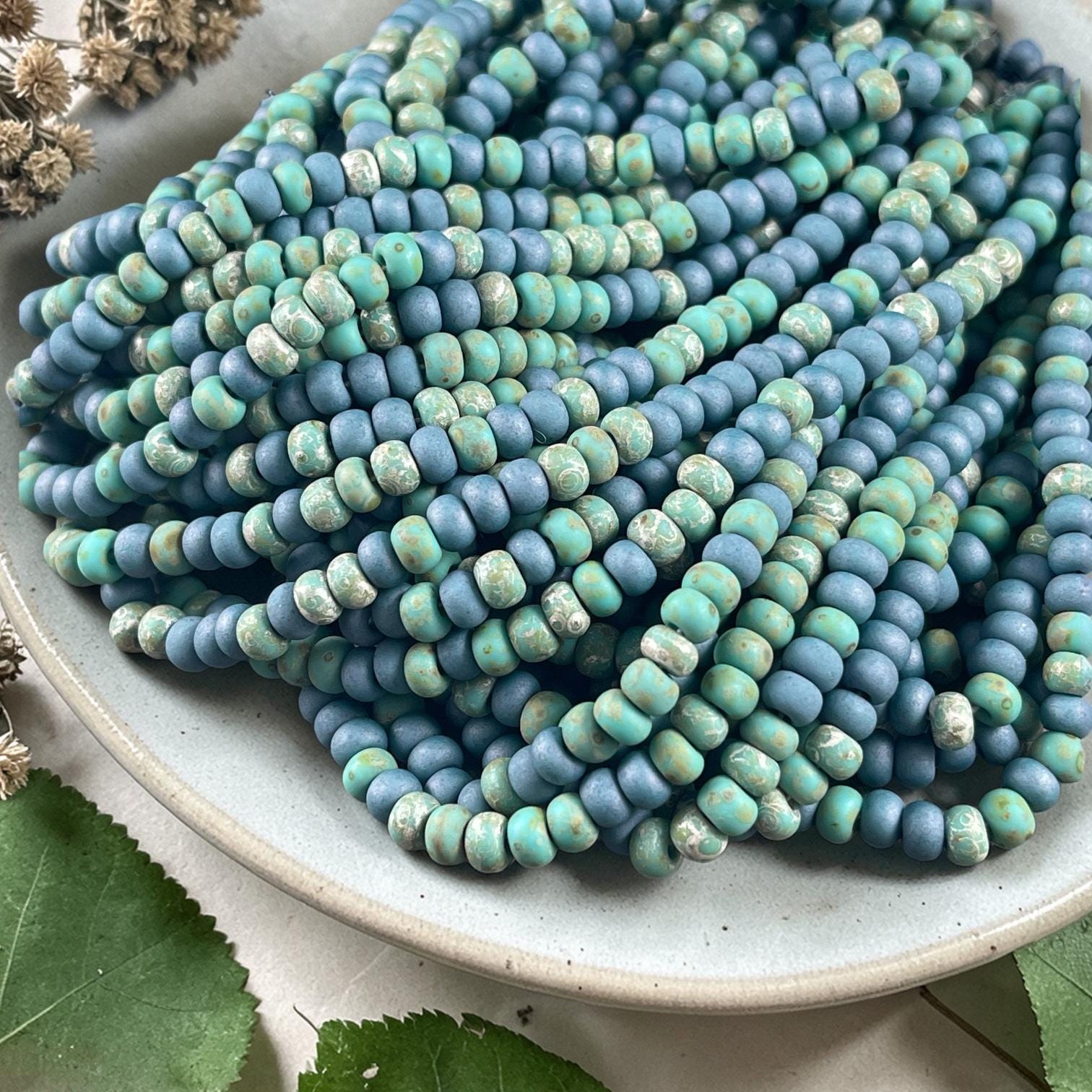 Aged Picasso Seed Beads - 4/0 Matte Denim and Turquoise Picasso Mix (4/0-BlueMatte) * 18" strand