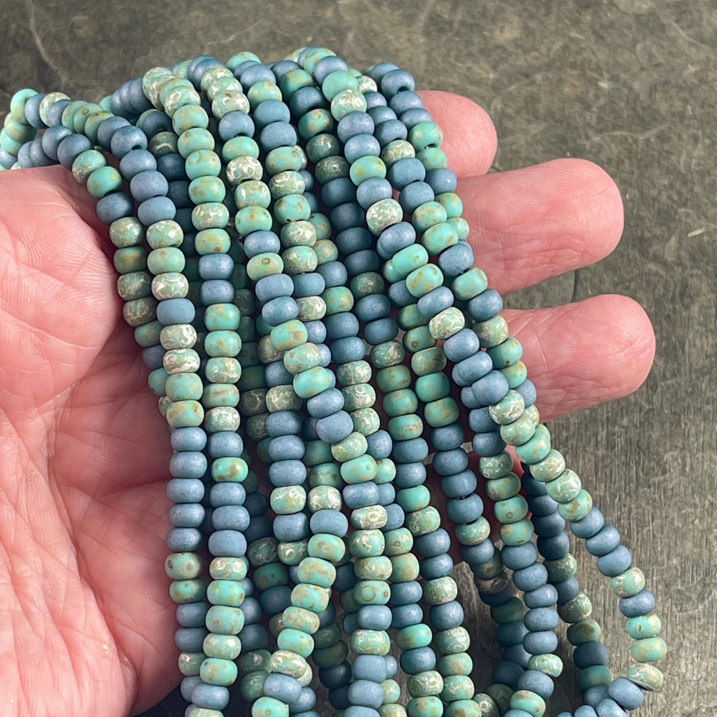 Aged Picasso Seed Beads - 4/0 Matte Denim and Turquoise Picasso Mix (4/0-BlueMatte) * 18" strand
