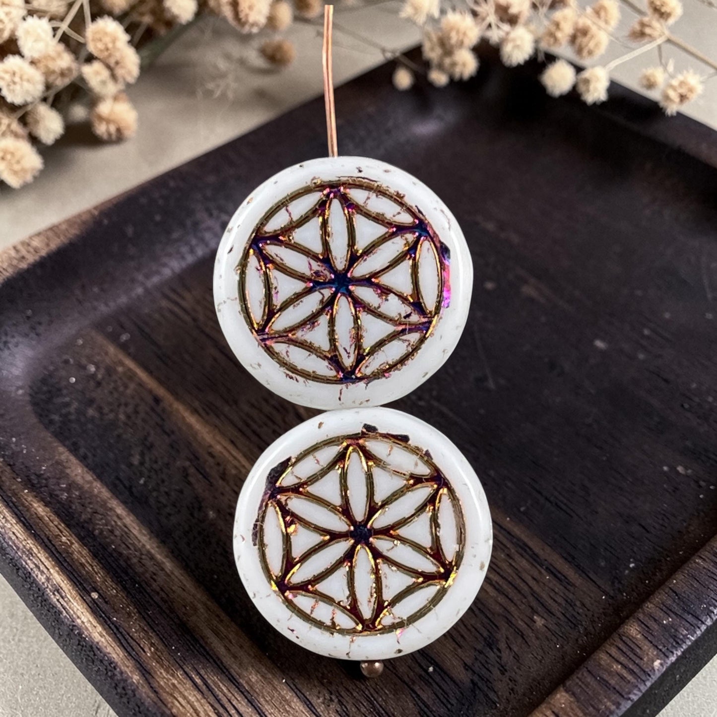 Czech Glass - Flower of Life 19mm Coin Bead, White with Sliperit Finish (N-2081) * Qty. 6