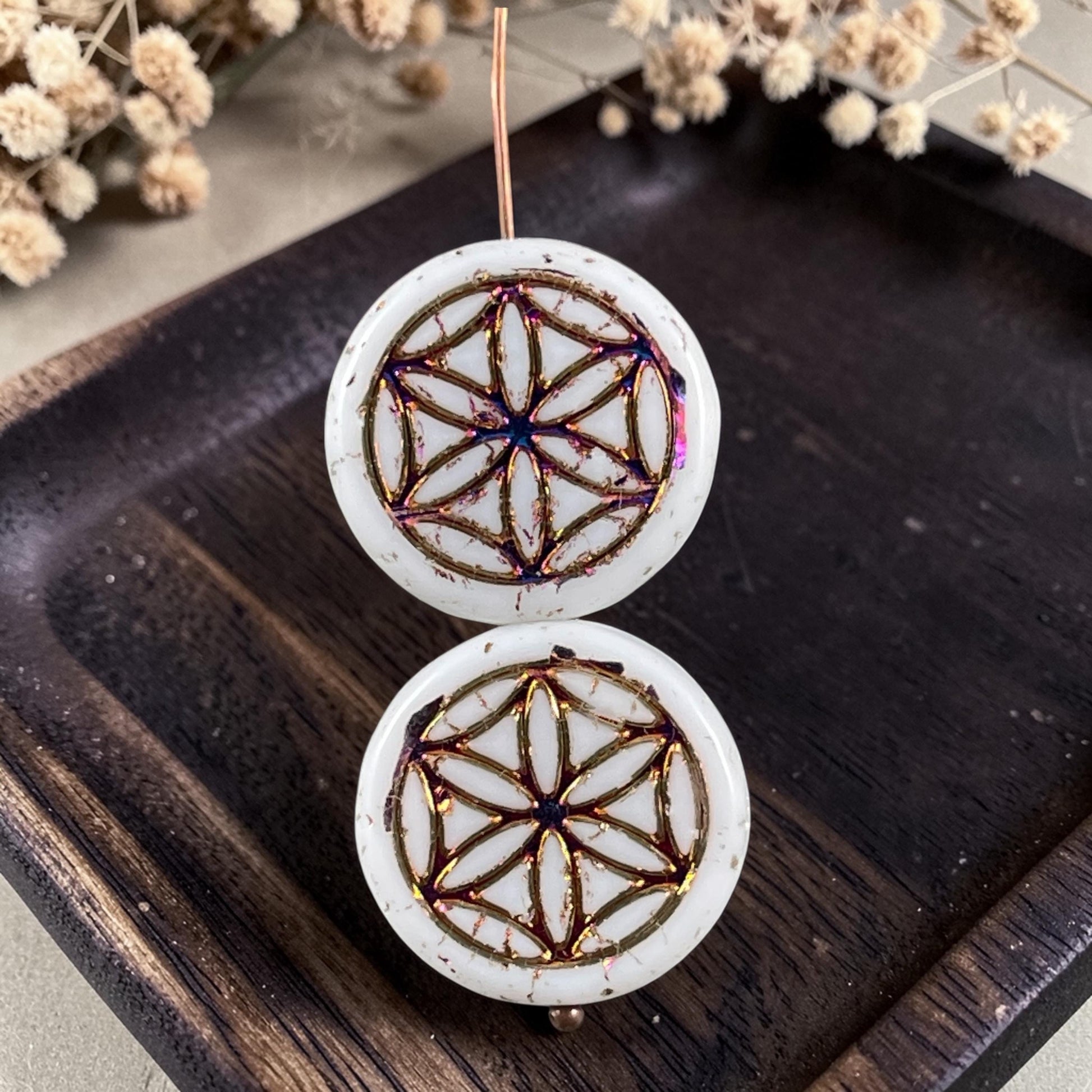 Czech Glass - Flower of Life 19mm Coin Bead, White with Sliperit Finish (N-2081) * Qty. 6