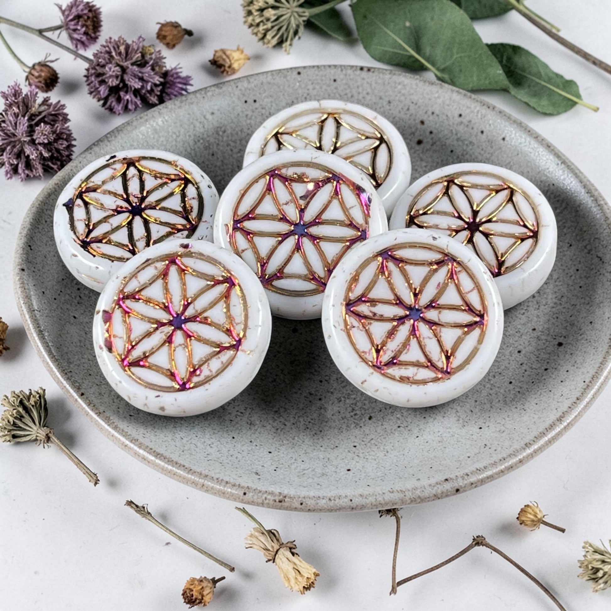 Czech Glass - Flower of Life 19mm Coin Bead, White with Sliperit Finish (N-2081) * Qty. 6