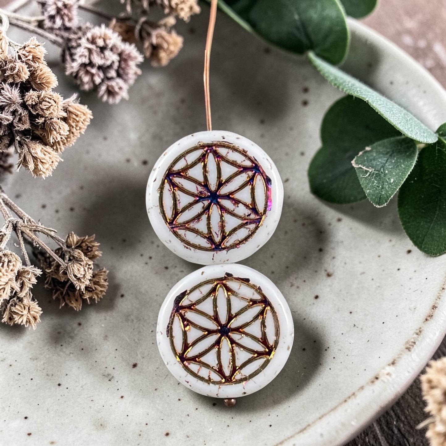 Czech Glass - Flower of Life 19mm Coin Bead, White with Sliperit Finish (N-2081) * Qty. 6