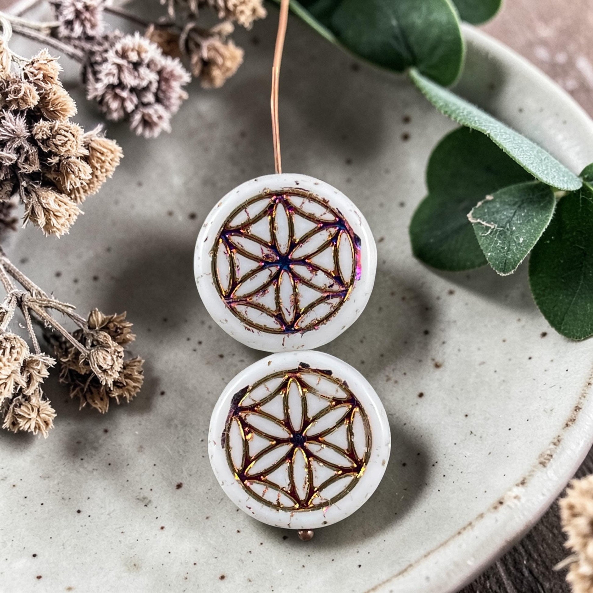 Czech Glass - Flower of Life 19mm Coin Bead, White with Sliperit Finish (N-2081) * Qty. 6