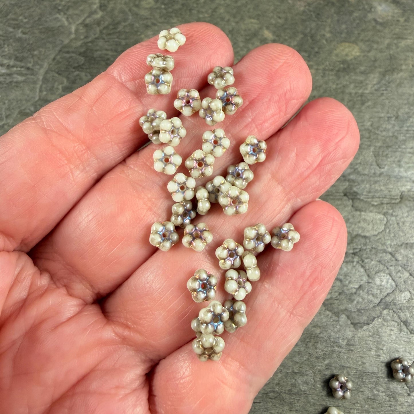 Czech Glass Beads - 5mm Flower Spacer Beads, Beige, with Volcano Wash (FMN/N-0220) * Qty. 50