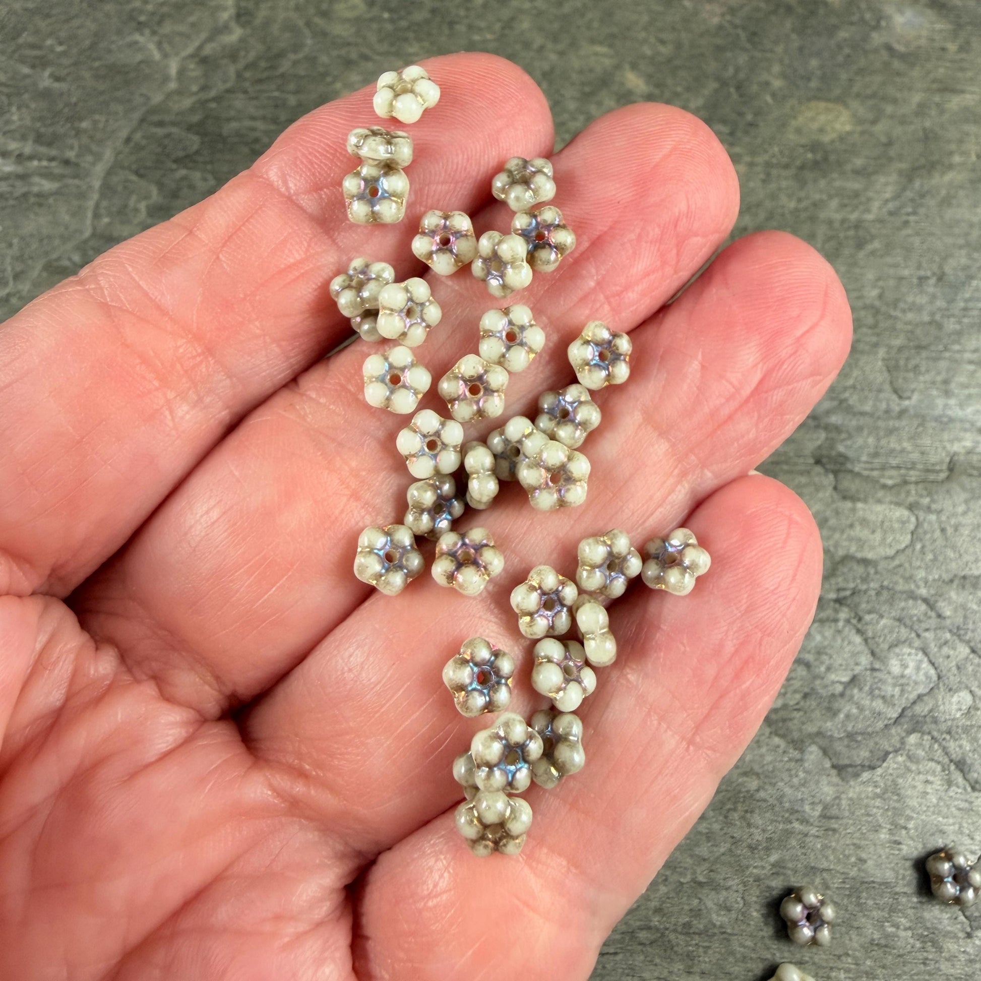 Czech Glass Beads - 5mm Flower Spacer Beads, Beige, with Volcano Wash (FMN/N-0220) * Qty. 50