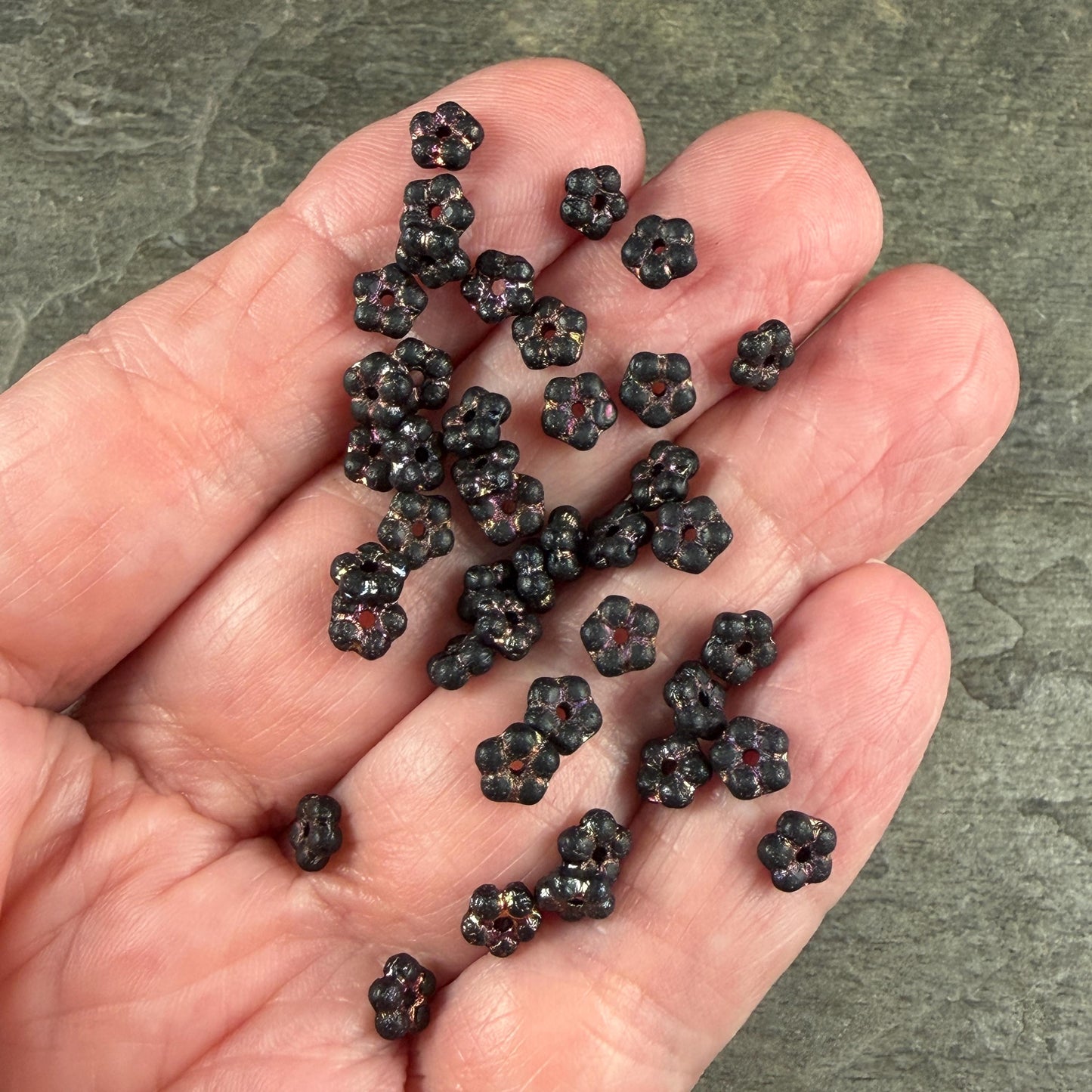 Czech Glass Beads - 5mm Flower Spacer Beads, Etched Black with Volcano Wash (FMN/N-0124) * Qty. 50