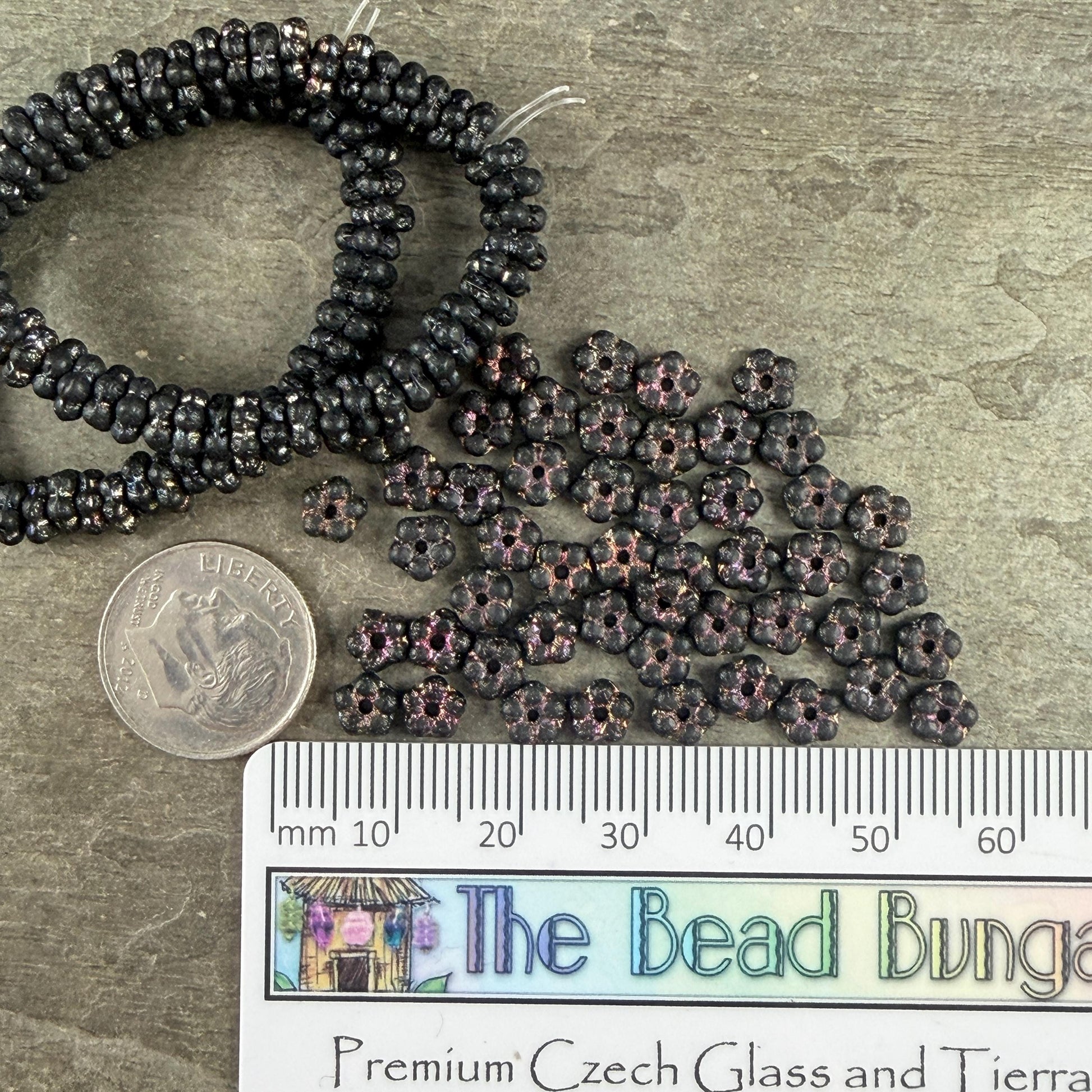 Czech Glass Beads - 5mm Flower Spacer Beads, Etched Black with Volcano Wash (FMN/N-0124) * Qty. 50