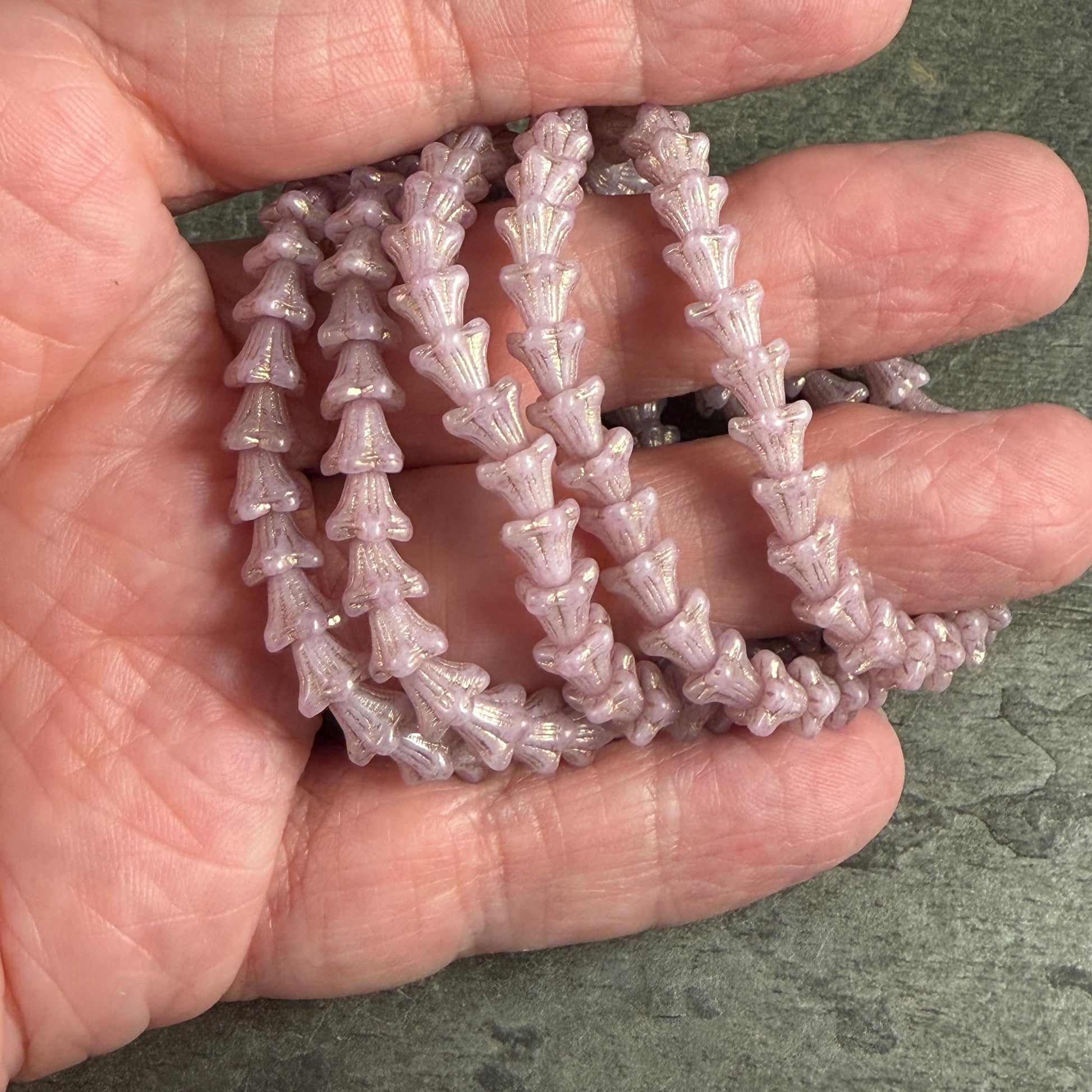 Czech Beads - 5x6mm Small Trumpet Flower, Pale Pink with Gold Wash(FLO/N-0510) * 30 Beads