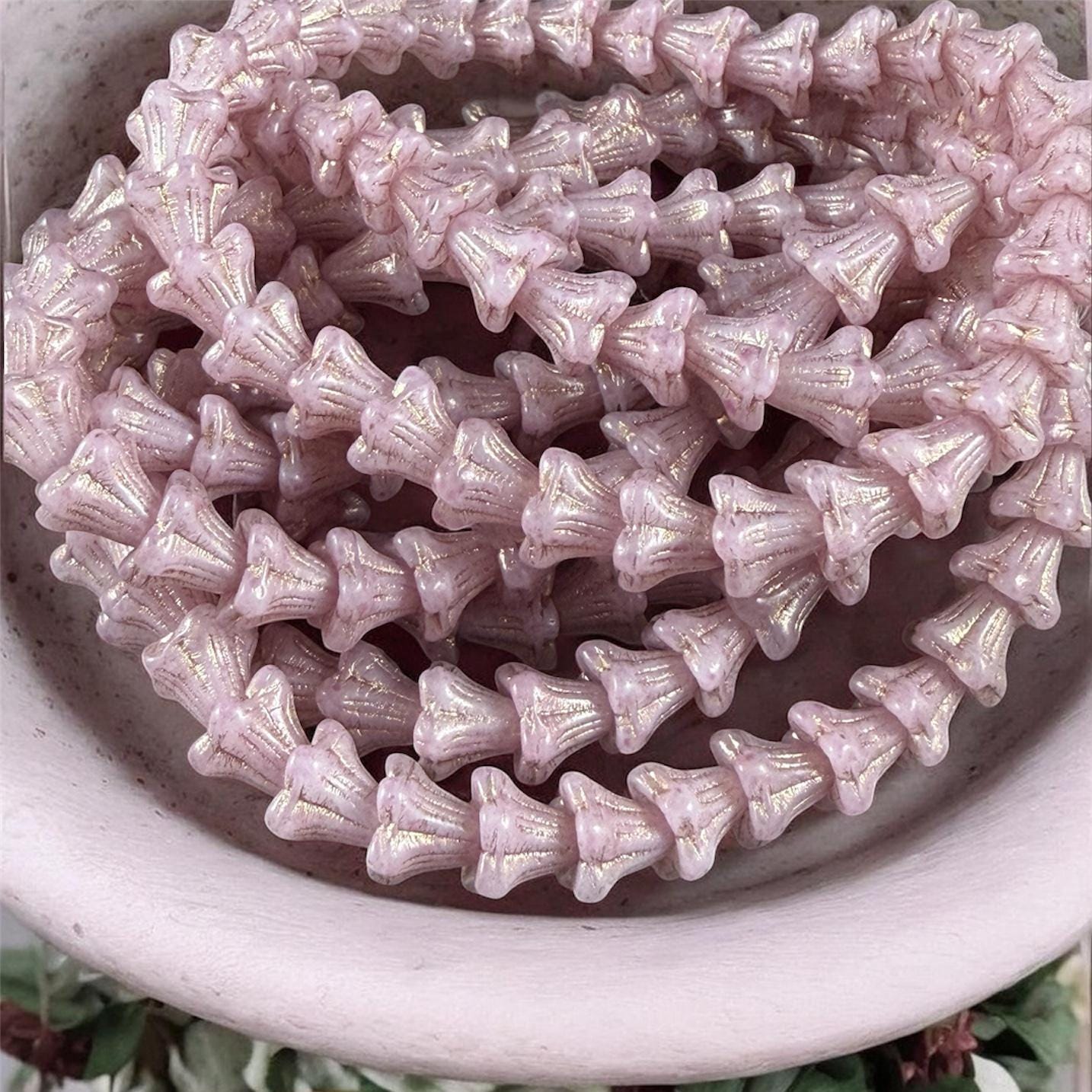 Czech Beads - 5x6mm Small Trumpet Flower, Pale Pink with Gold Wash(FLO/N-0510) * 30 Beads