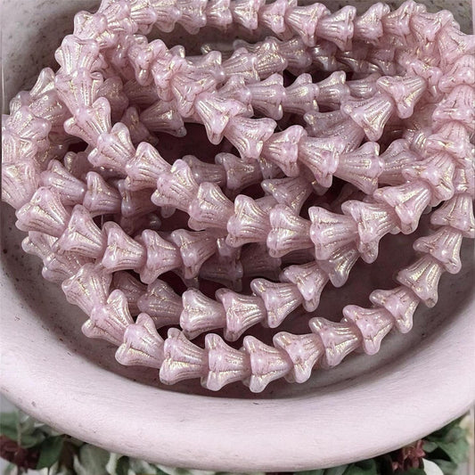 Czech Beads - 5x6mm Small Trumpet Flower, Pale Pink with Gold Wash(FLO/N-0510) * 30 Beads