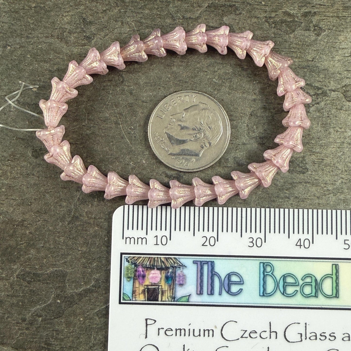 Czech Beads - 5x6mm Small Trumpet Flower, Pale Pink with Gold Wash(FLO/N-0510) * 30 Beads