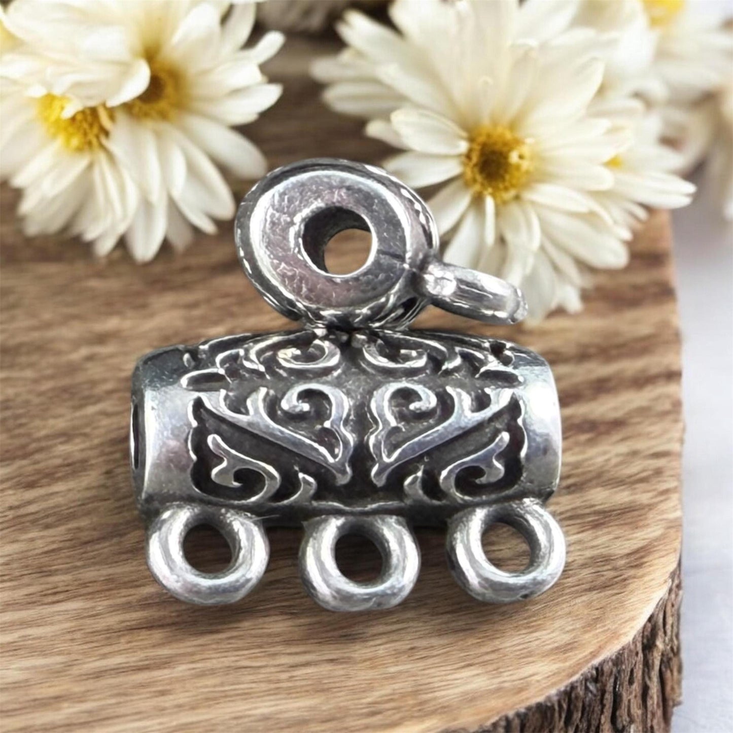 Ornate Bail Bead with 3 loops and 2.2mm Hole, Antiqued Silver Plated (PF/15446-77) * Qty. 4