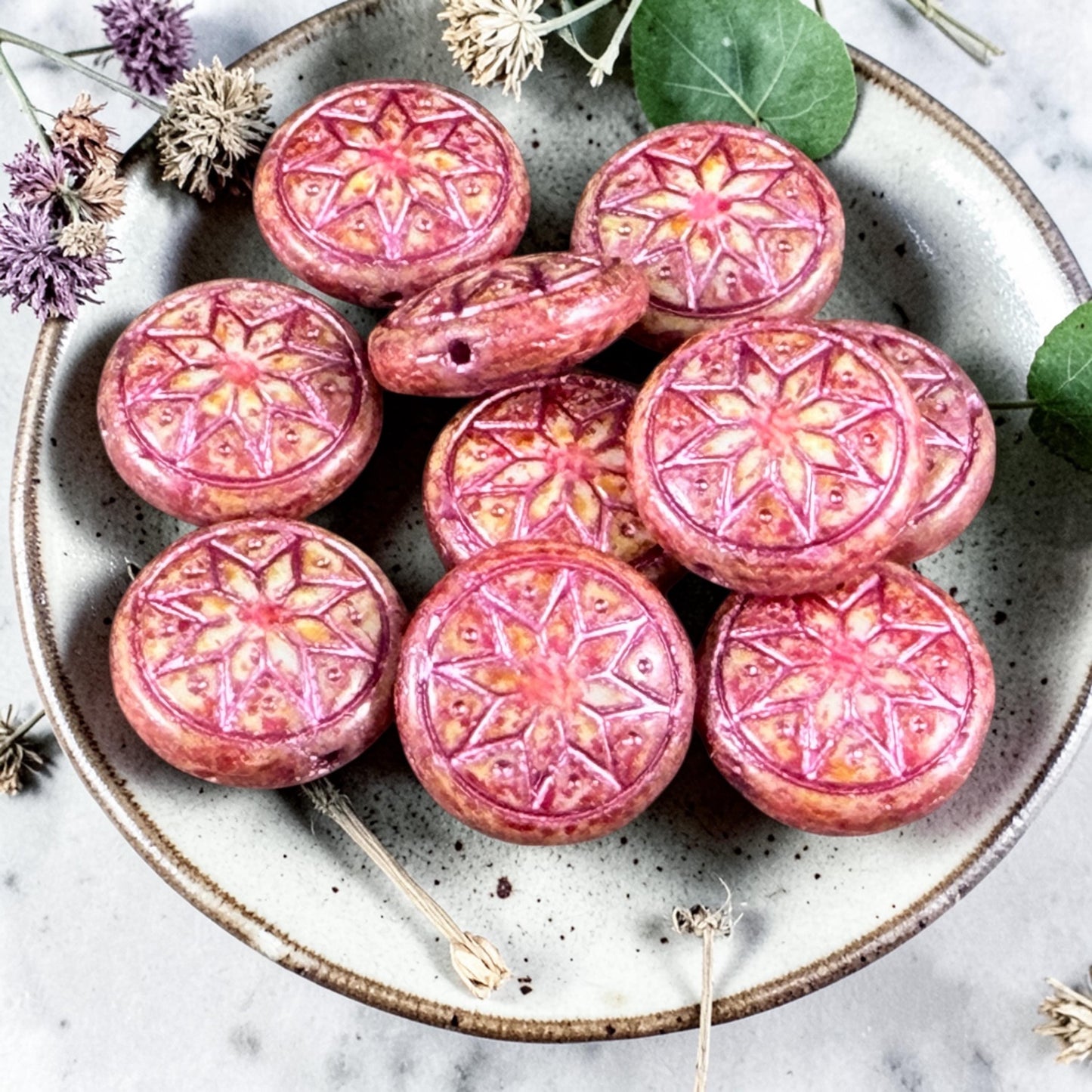 Czech Glass Beads - 14mm Star of Ishtar, Alabaster with Fuchsia and Metallic Pink (PSOI-7) * 6 Beads
