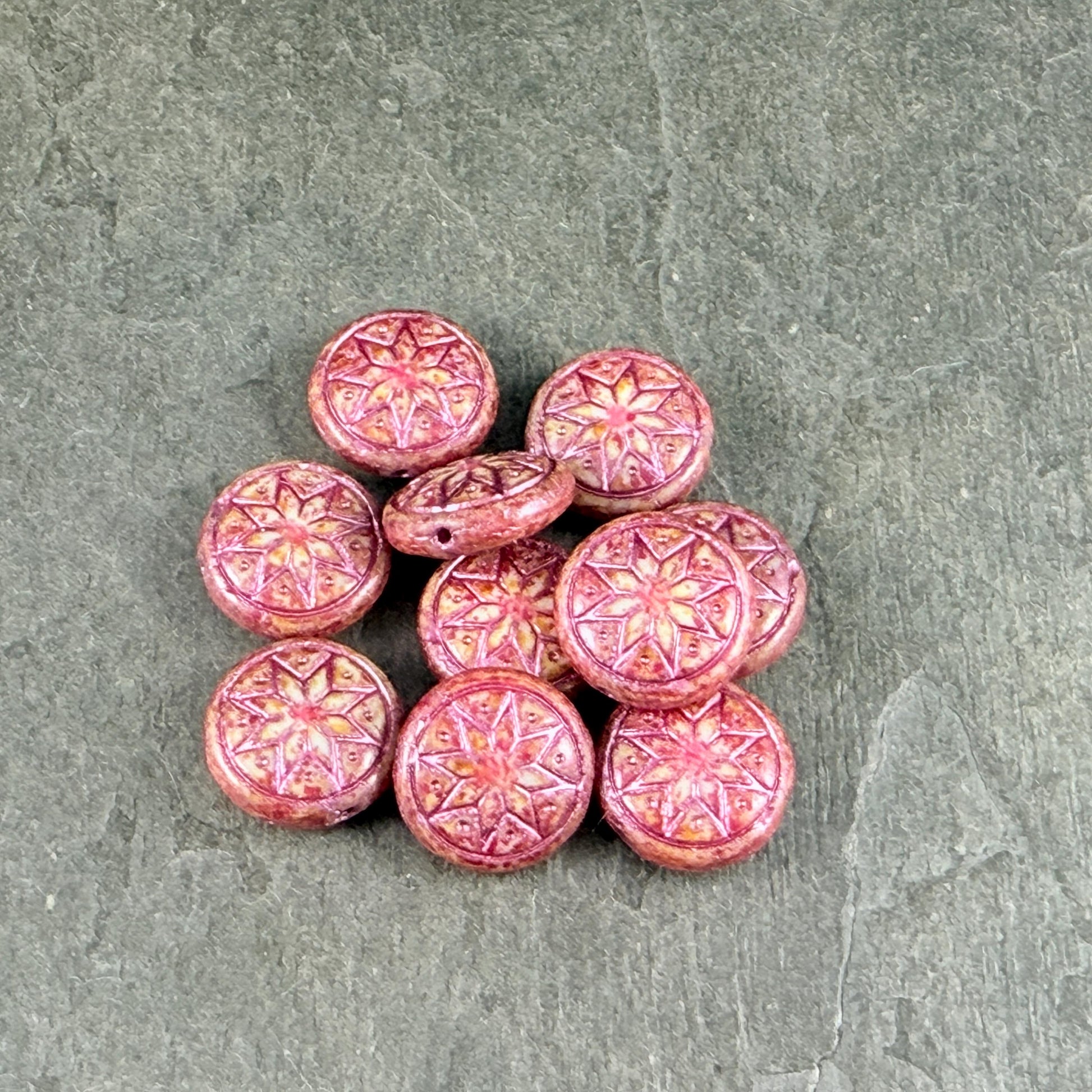 Czech Glass Beads - 14mm Star of Ishtar, Alabaster with Fuchsia and Metallic Pink (PSOI-7) * 6 Beads