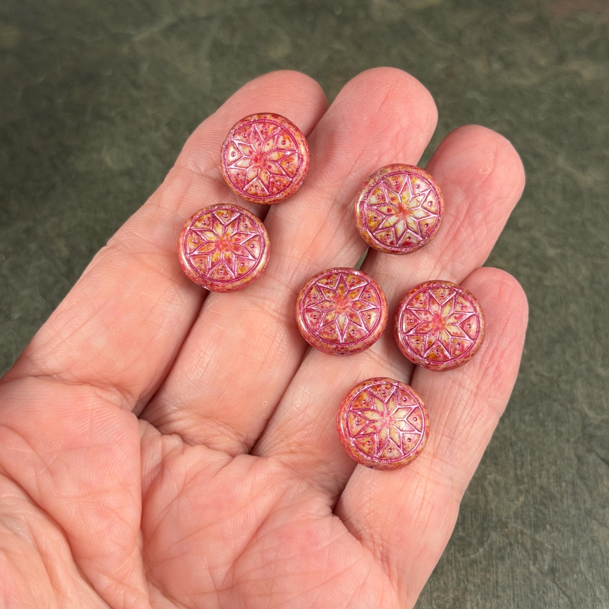 Czech Glass Beads - 14mm Star of Ishtar, Alabaster with Fuchsia and Metallic Pink (PSOI-7) * 6 Beads
