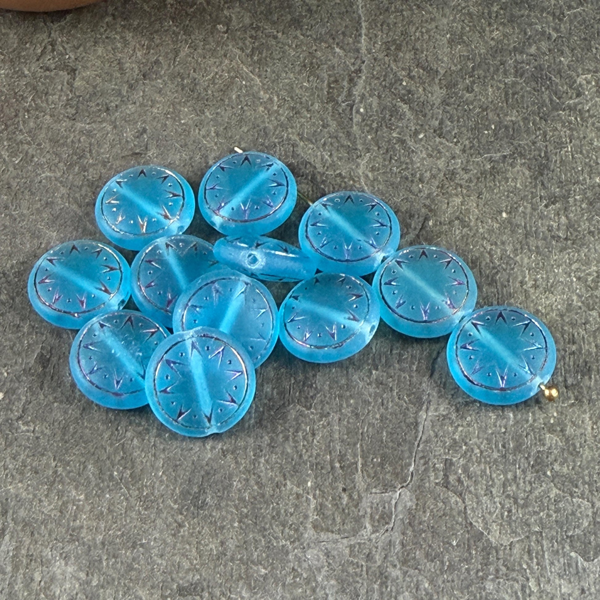 Czech Glass Beads - 14mm Star of Ishtar Coin, Matte Capri Blue with Sliperit Finish (PSOI-40) * Qty. 6