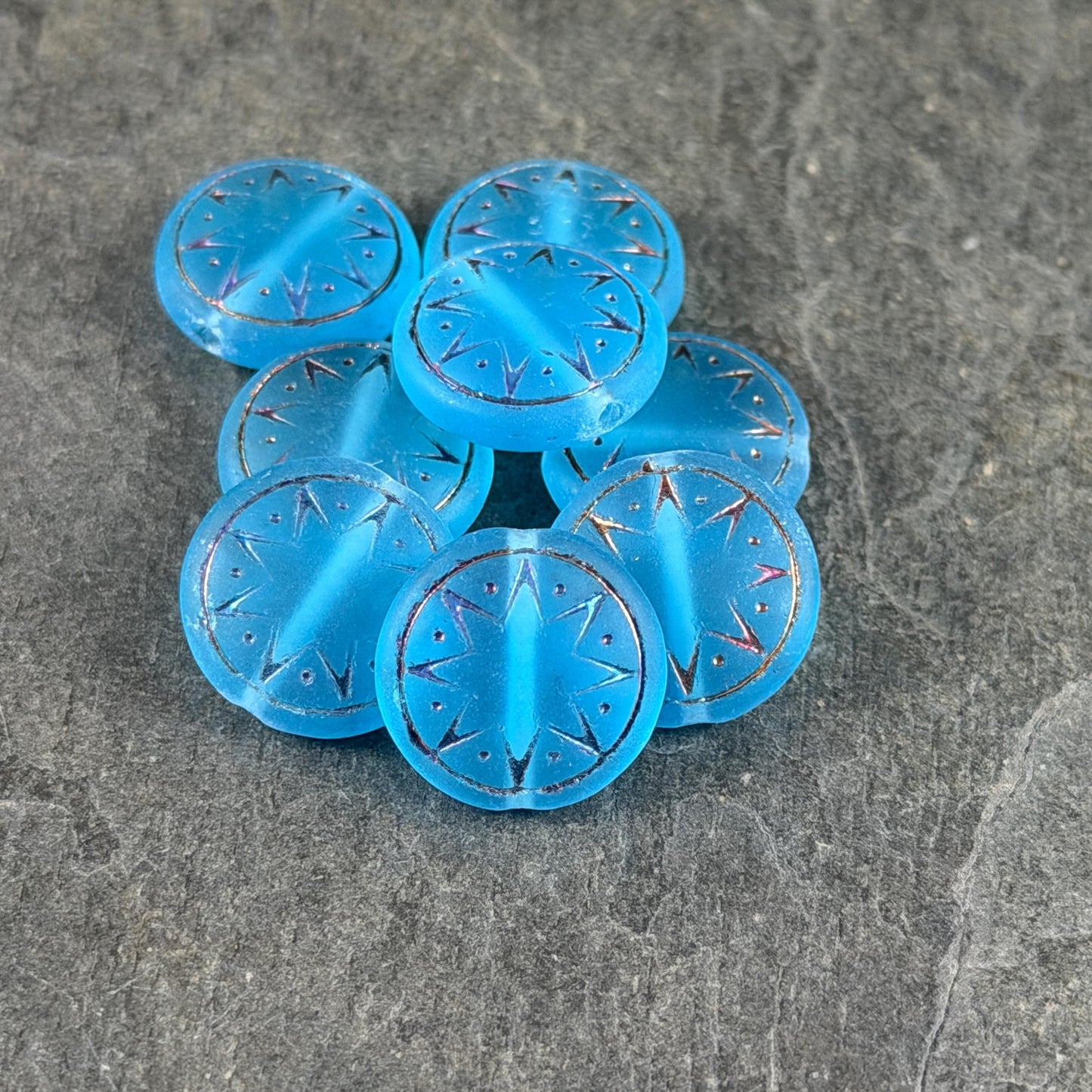 Czech Glass Beads - 14mm Star of Ishtar Coin, Matte Capri Blue with Sliperit Finish (PSOI-40) * Qty. 6